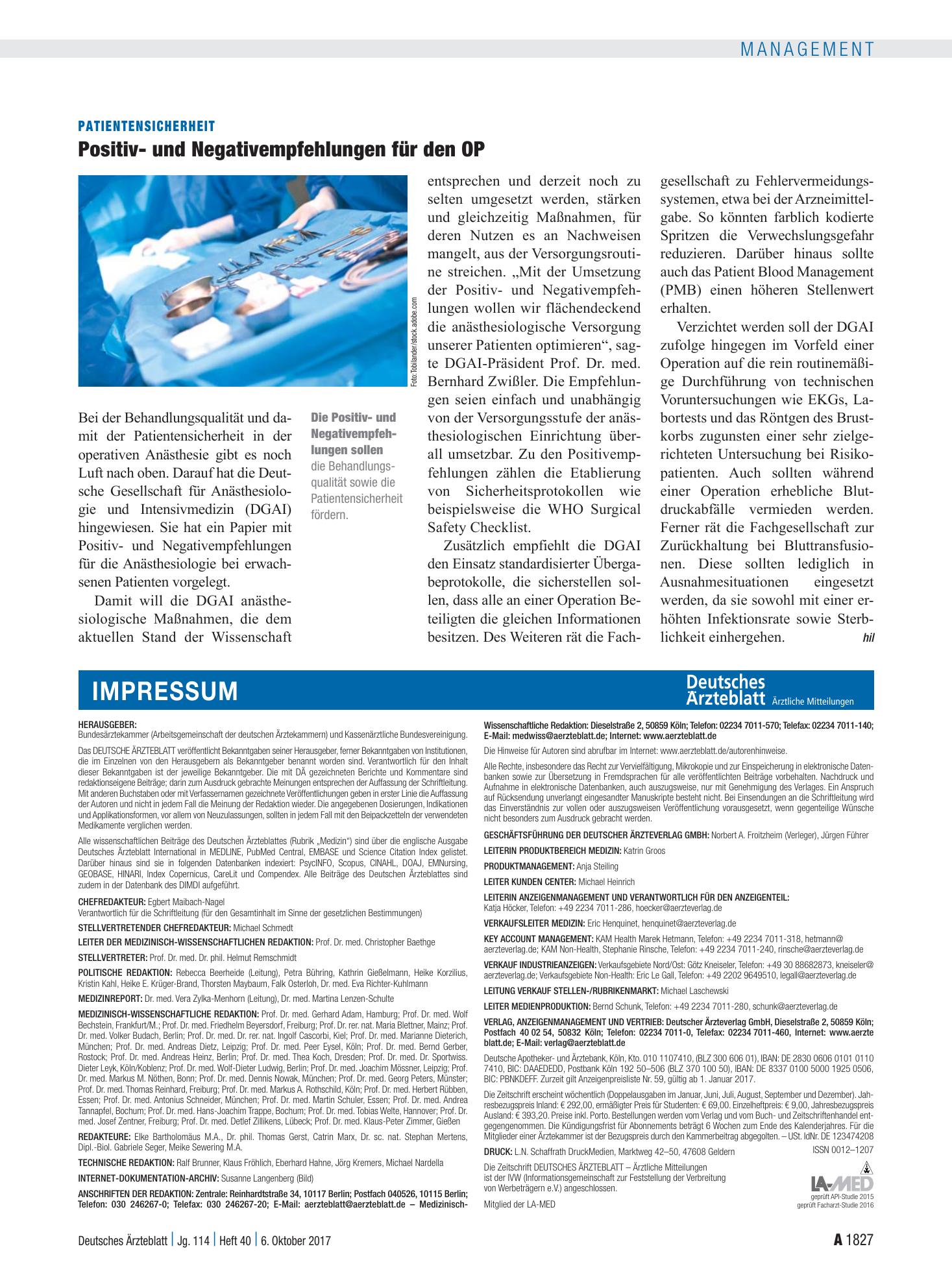 Vorschauseite 1: Patientensicherheit: Positiv- und Negativempfehlungen für den OP – Deutsches Ärzteblatt