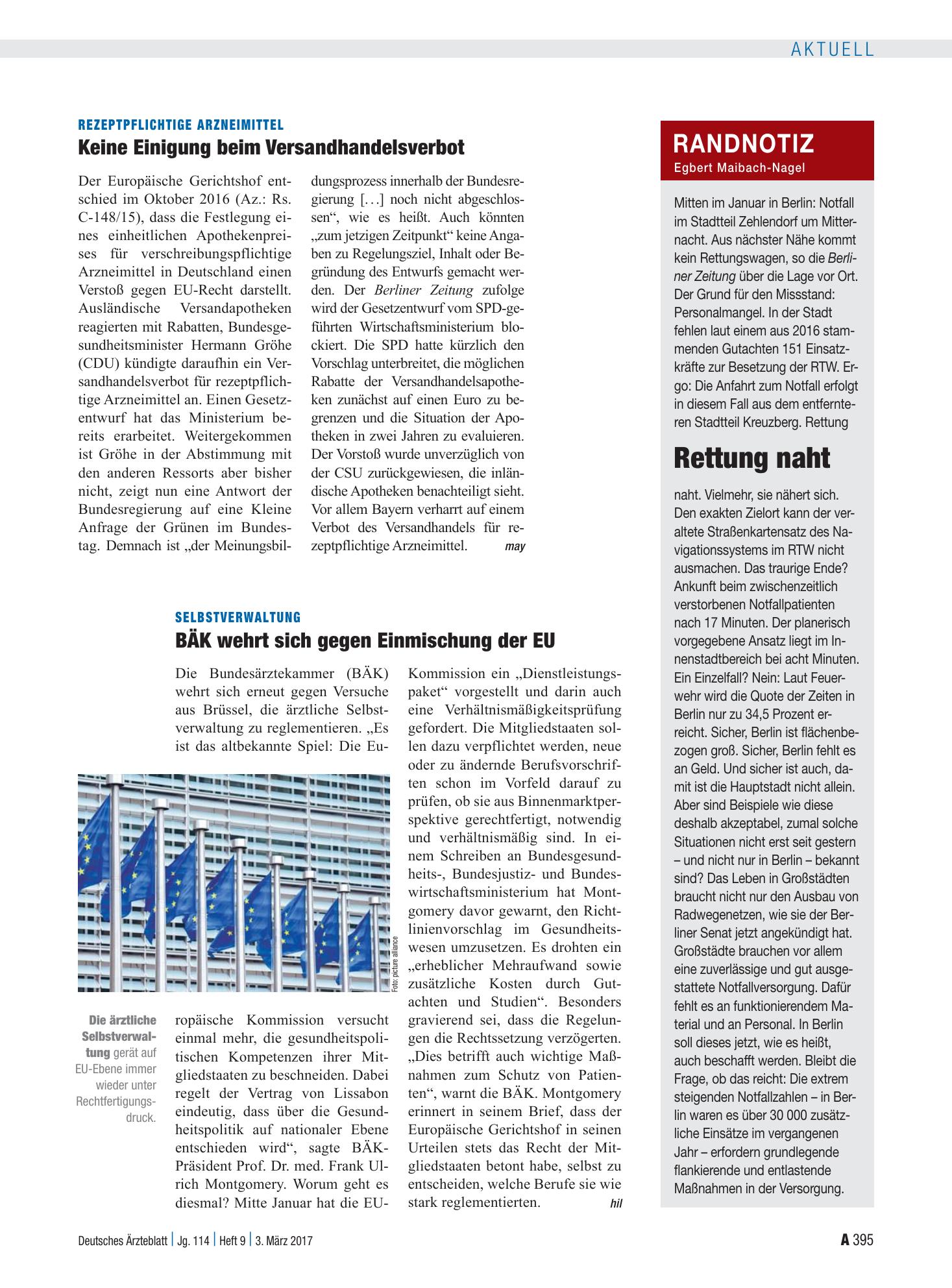 Vorschauseite 1: Selbstverwaltung: BÄK wehrt sich gegen Einmischung der EU – Deutsches Ärzteblatt