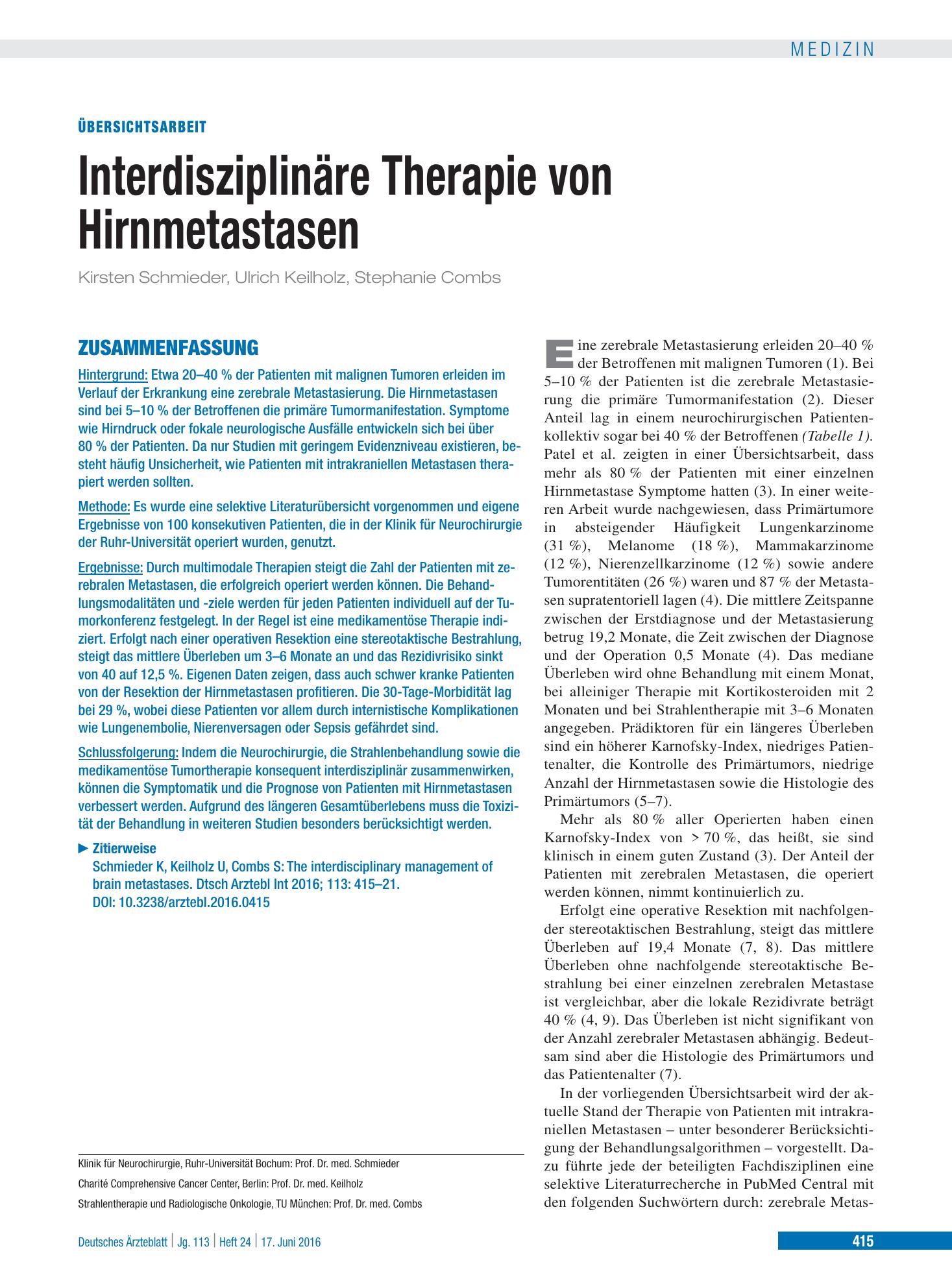 Vorschauseite 1: Interdisziplinäre Therapie von Hirnmetastasen – Deutsches Ärzteblatt