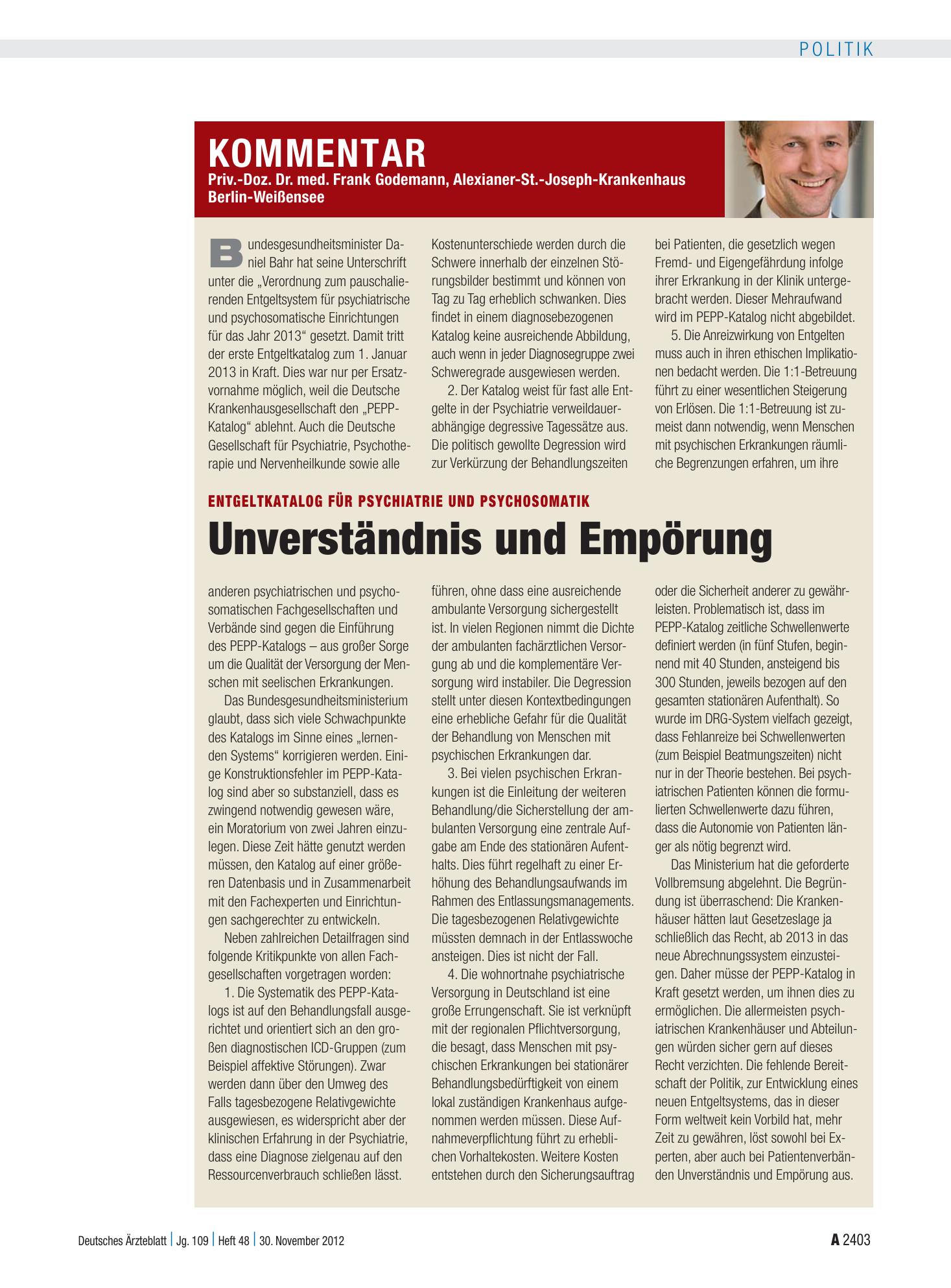 Vorschauseite 1: Entgeltkatalog für Psychiatrie und Psychosomatik: Unverständnis und Empörung – Deutsches Ärzteblatt