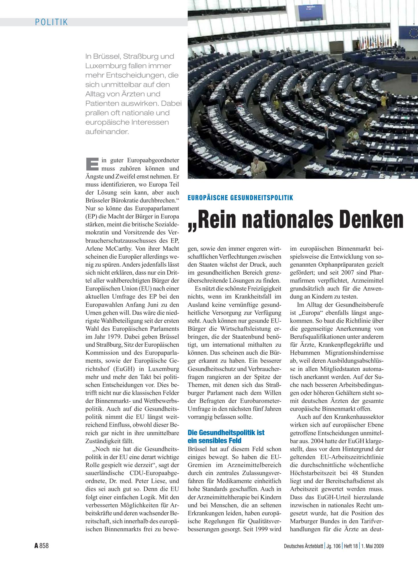 Vorschauseite 1: Europäische Gesundheitspolitik: „Rein nationales Denken ist gefährlich provinziell“ – Deutsches Ärzteblatt