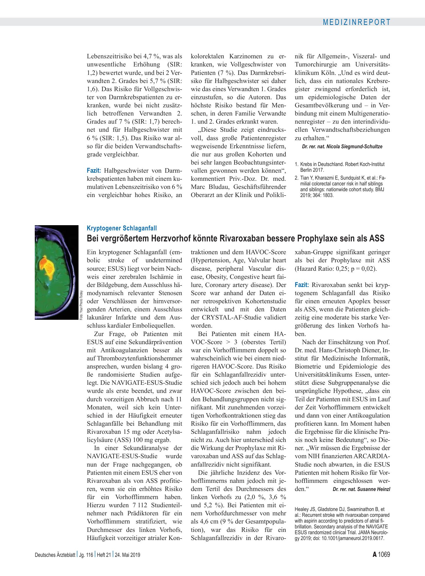 Vorschauseite 1: Kryptogener Schlaganfall: Bei vergrößertem Herzvorhof könnte Rivaroxaban bessere Prophylaxe sein als ASS – Deutsches Ärzteblatt