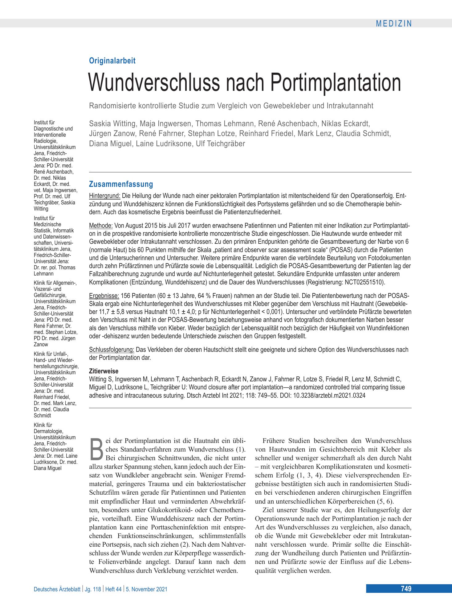 Vorschauseite 1: Wundverschluss nach Portimplantation – Deutsches Ärzteblatt