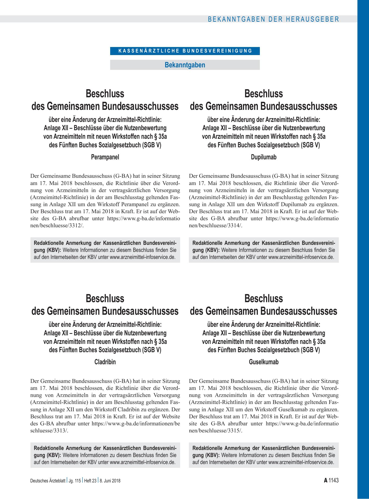 Vorschauseite 1: Beschluss des Gemeinsamen Bundesausschusses über eine Änderung der Arzneimittel-Richtlinie: Anlage XII – Dupilumab – Deutsches Ärzteblatt