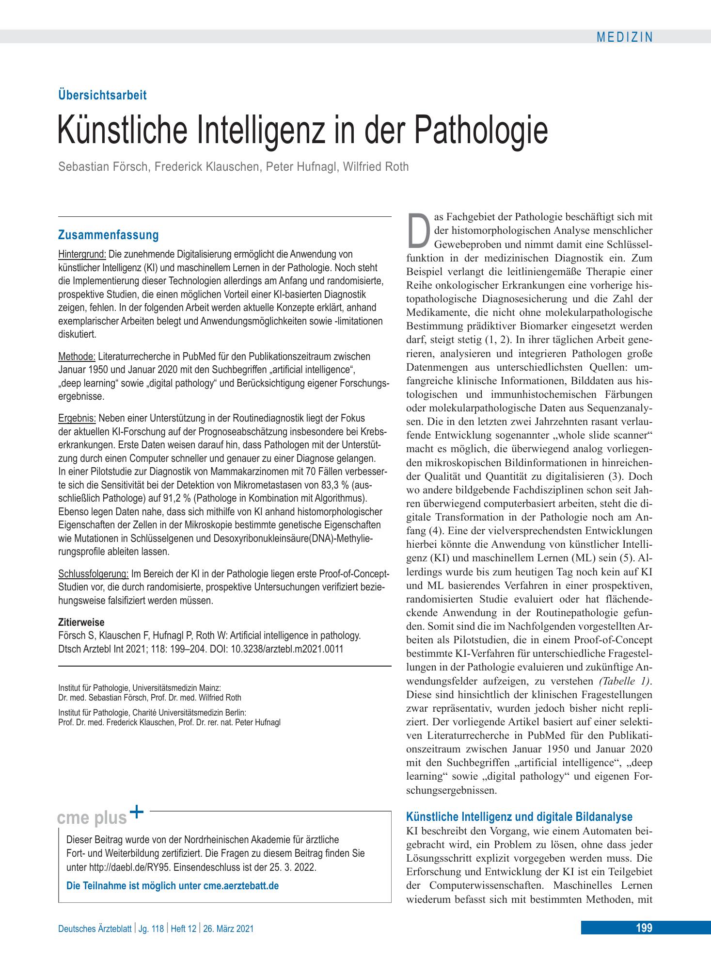 Vorschauseite 1: Künstliche Intelligenz in der Pathologie – Deutsches Ärzteblatt