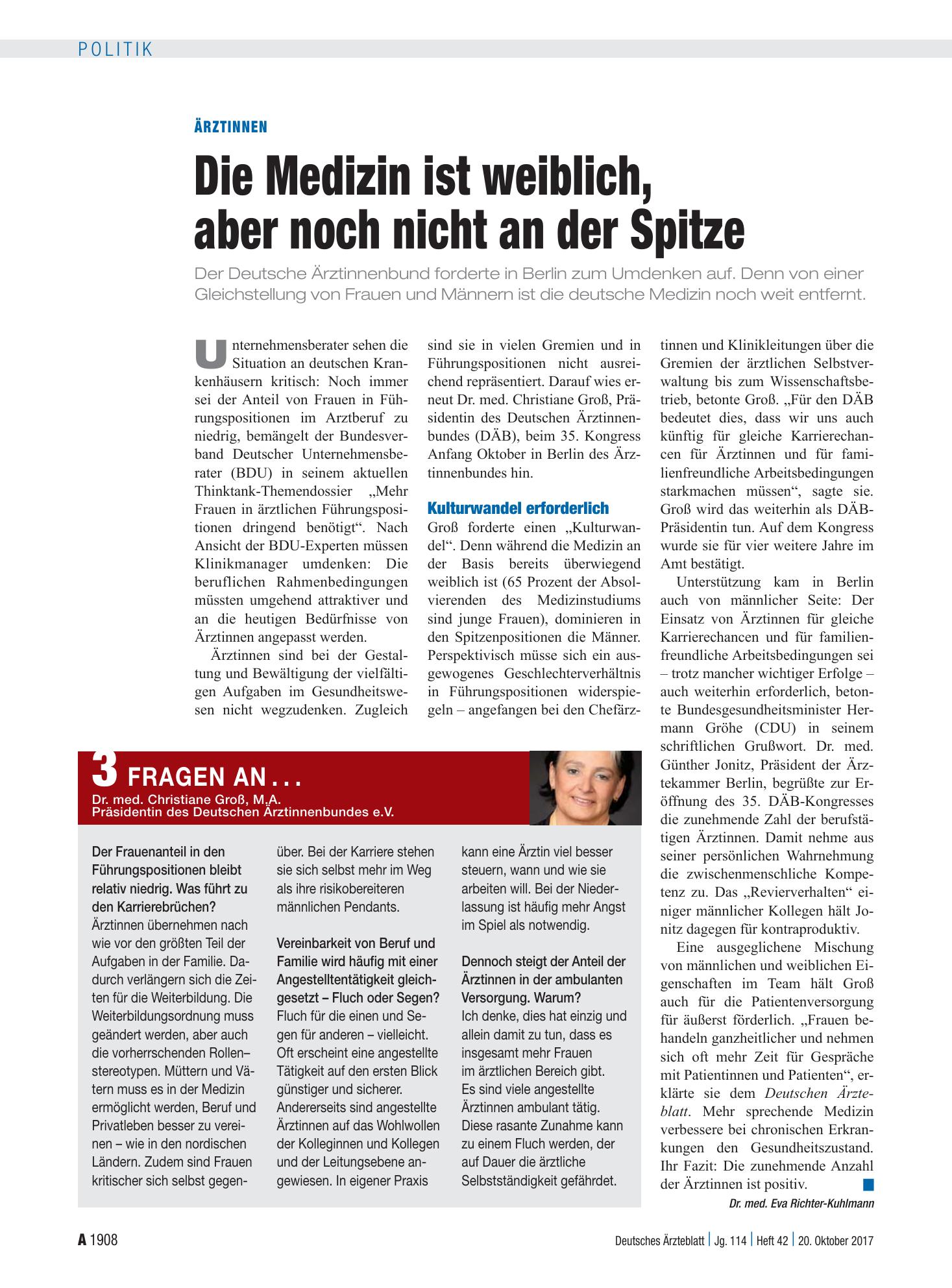 Vorschauseite 1: Ärztinnen: Die Medizin ist weiblich, aber noch nicht an der Spitze – Deutsches Ärzteblatt