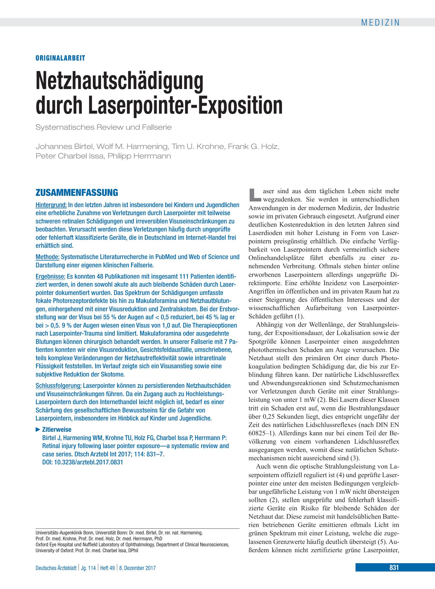 Vorschauseite 1: Netzhautschädigung durch Laserpointer-Exposition – Deutsches Ärzteblatt