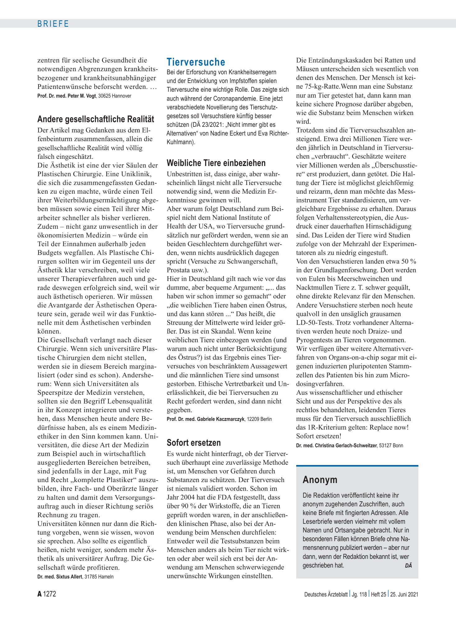 Vorschauseite 1: Tierversuche: Weibliche Tiere einbeziehen – Deutsches Ärzteblatt