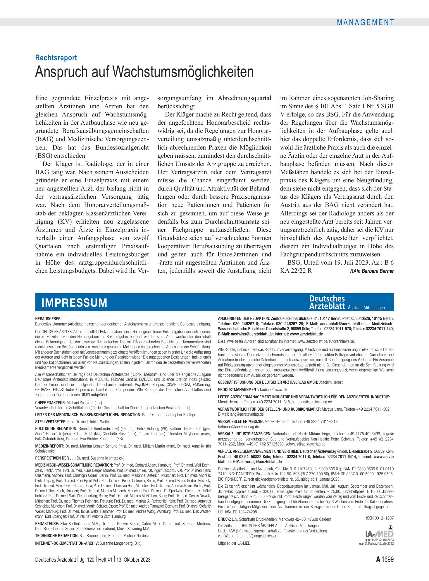 Vorschauseite 1: Rechtsreport: Anspruch auf Wachstumsmöglichkeiten – Deutsches Ärzteblatt