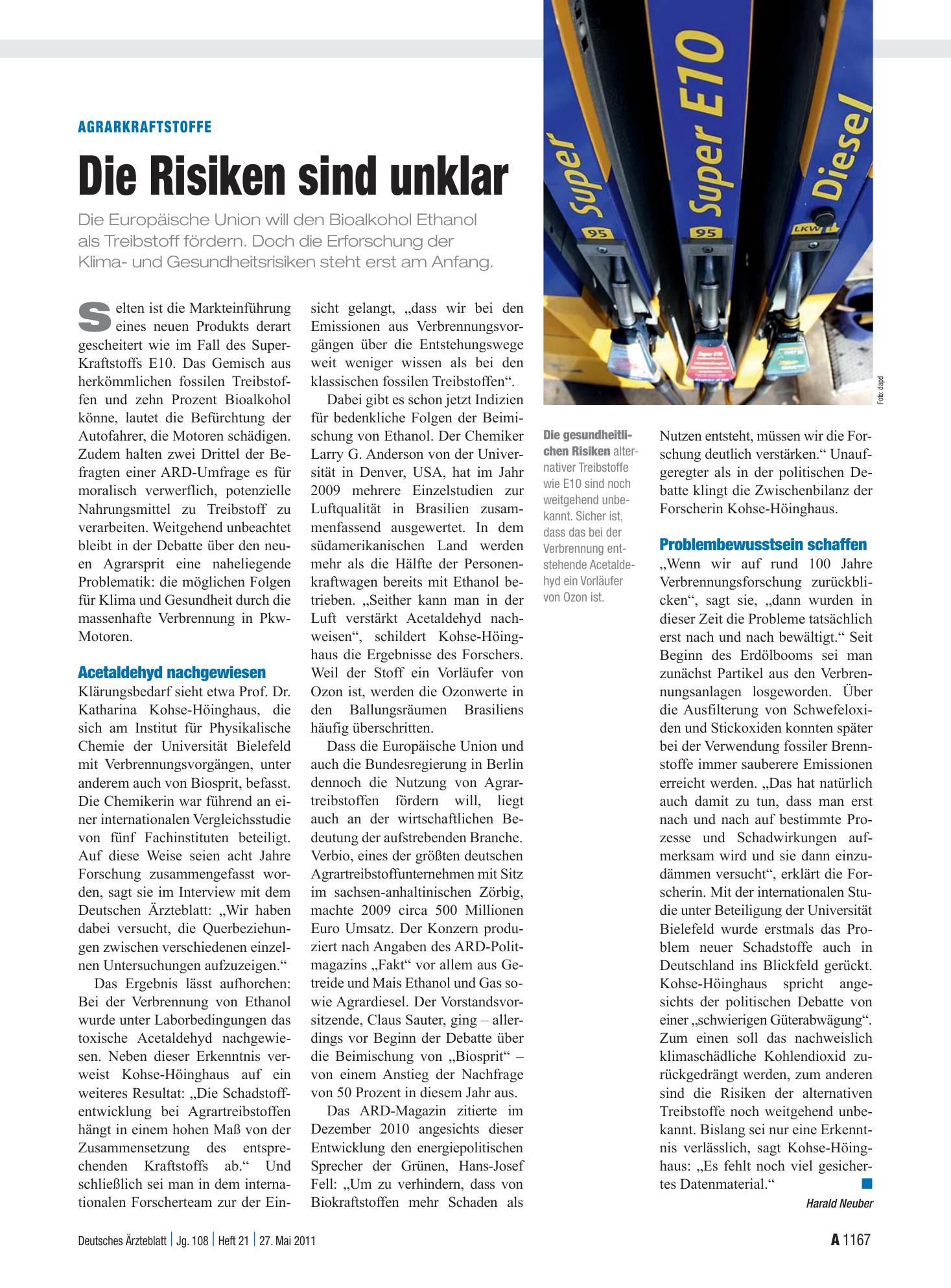 Vorschauseite 1: Agrarkraftstoffe: Die Risiken sind unklar – Deutsches Ärzteblatt