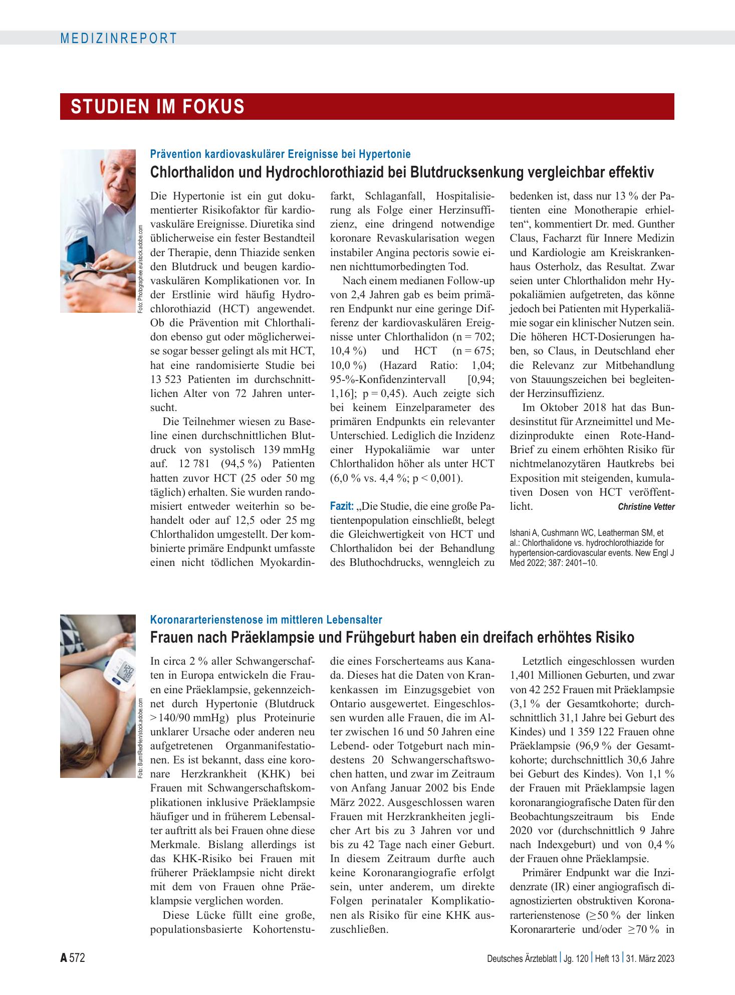 Vorschauseite 1: Prävention kardiovaskulärer Ereignisse bei Hypertonie: Chlorthalidon und Hydrochlorothiazid bei Blutdrucksenkung vergleichbar effektiv – Deutsches Ärzteblatt