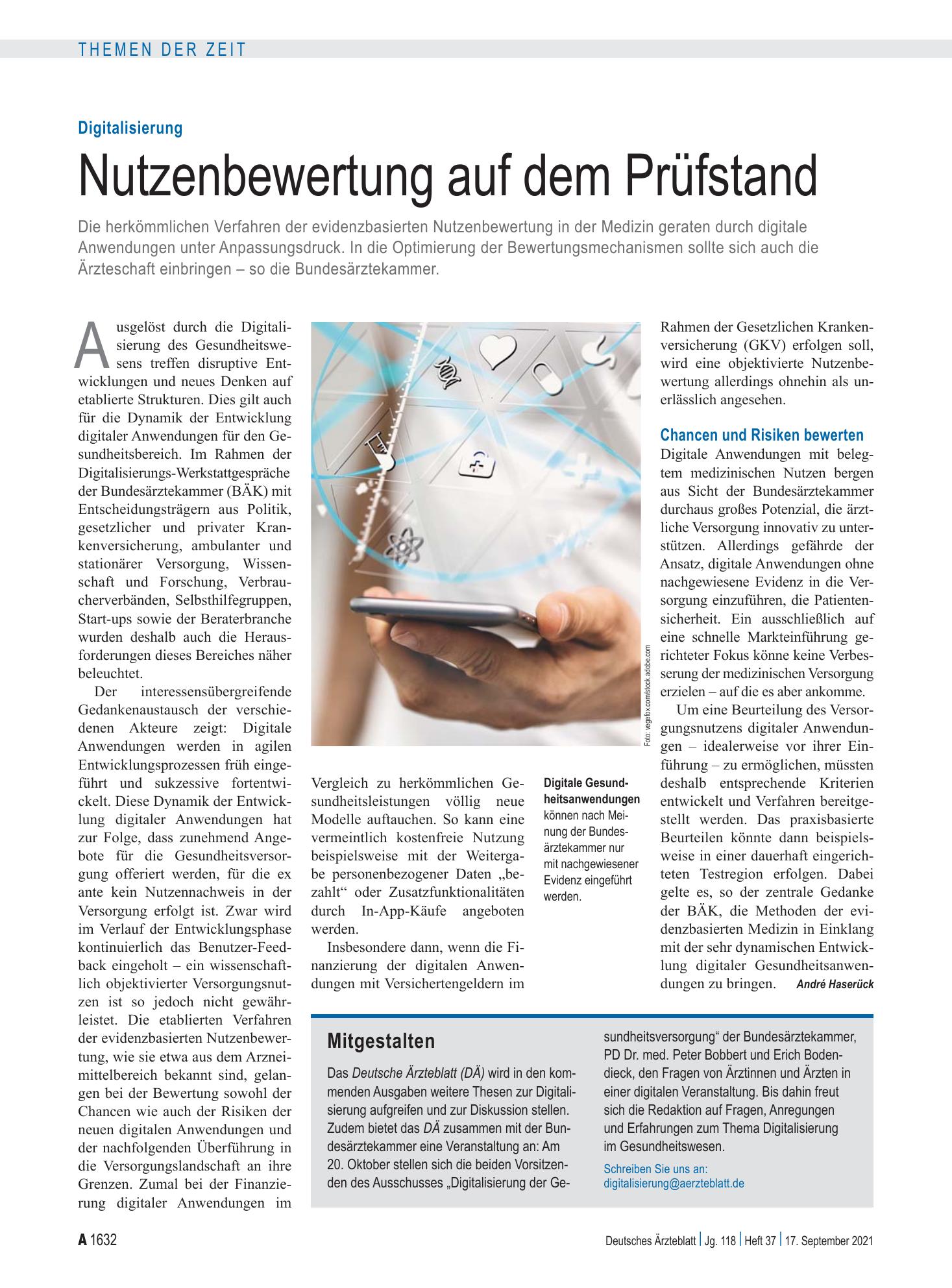 Vorschauseite 1: Digitalisierung: Nutzenbewertung auf dem Prüfstand – Deutsches Ärzteblatt