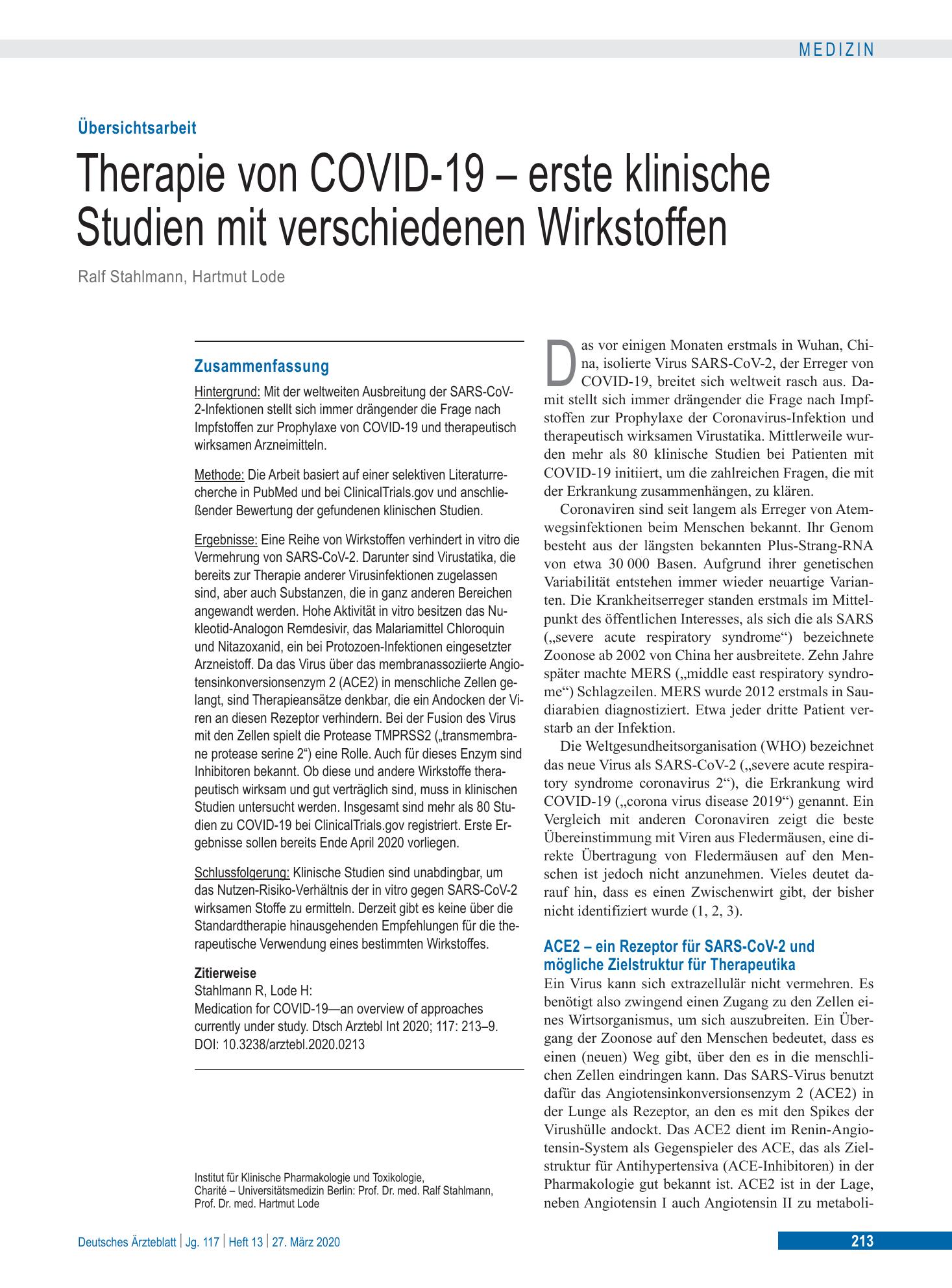 Vorschauseite 1: Therapie von COVID-19 – erste klinische Studien mit verschiedenen Wirkstoffen – Deutsches Ärzteblatt