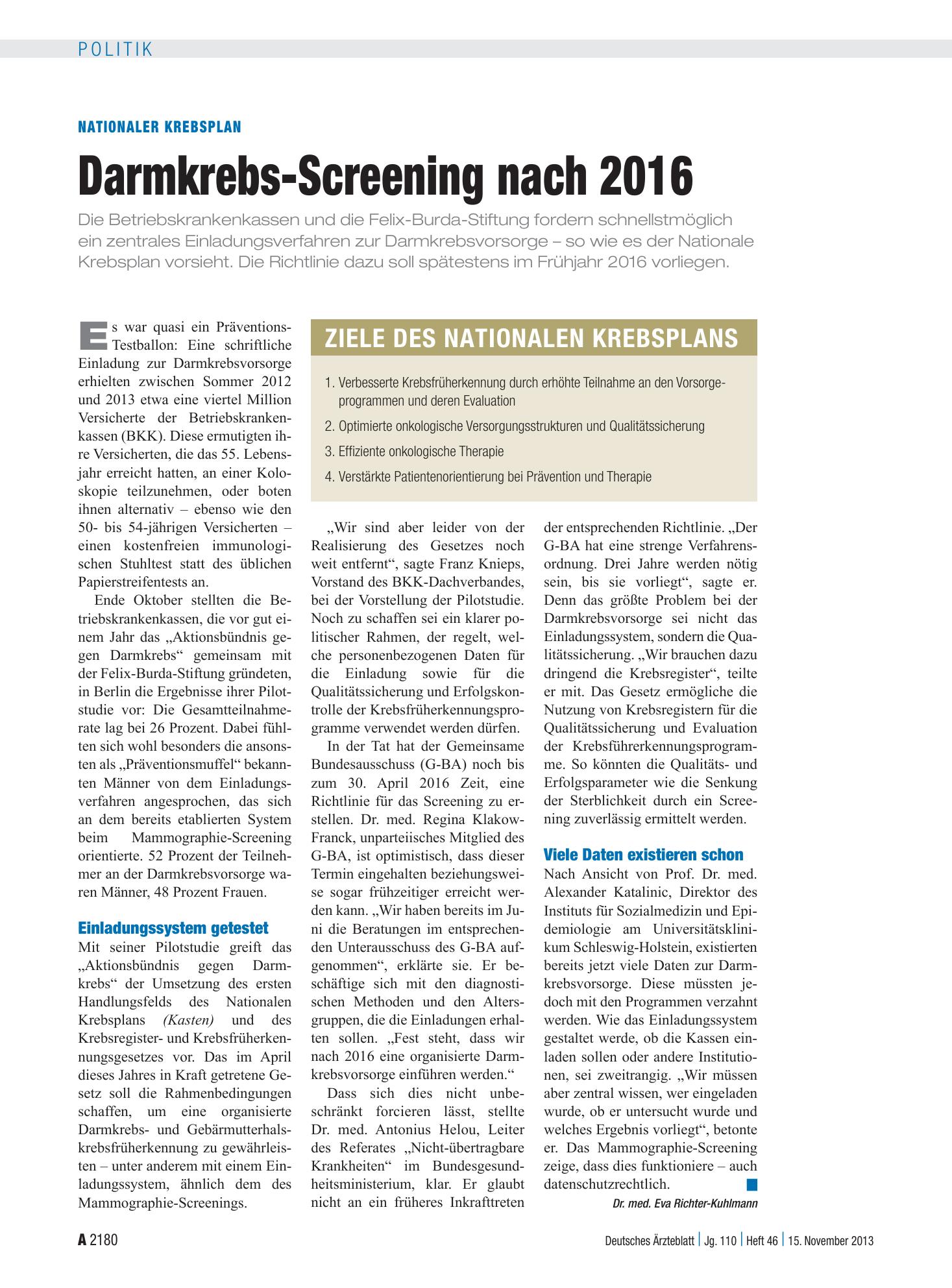Vorschauseite 1: Nationaler Krebsplan: Darmkrebs-Screening nach 2016 – Deutsches Ärzteblatt