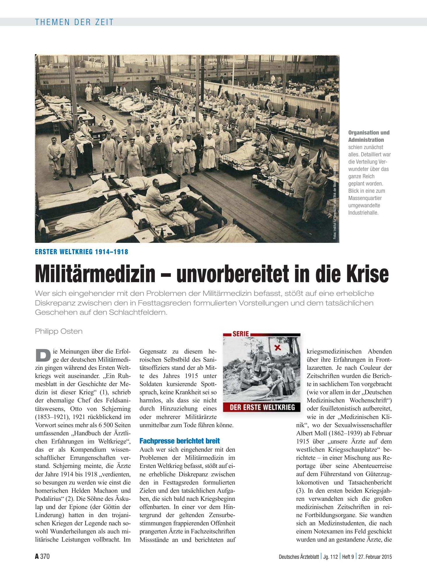 Vorschauseite 1: Erster Weltkrieg 1914–1918: Militärmedizin – unvorbereitet in die Krise – Deutsches Ärzteblatt