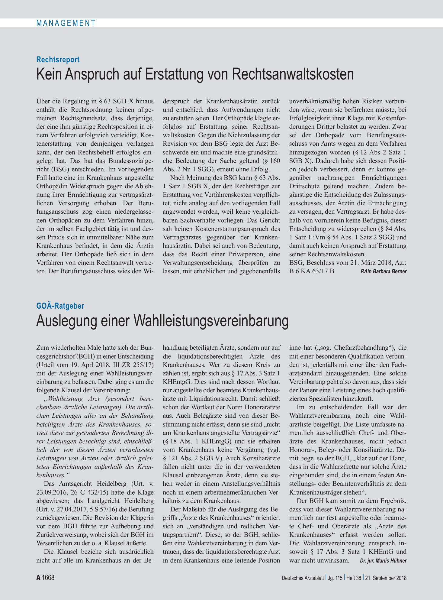 Vorschauseite 1: Rechtsreport: Kein Anspruch auf Erstattung von Rechtsanwaltskosten – Deutsches Ärzteblatt