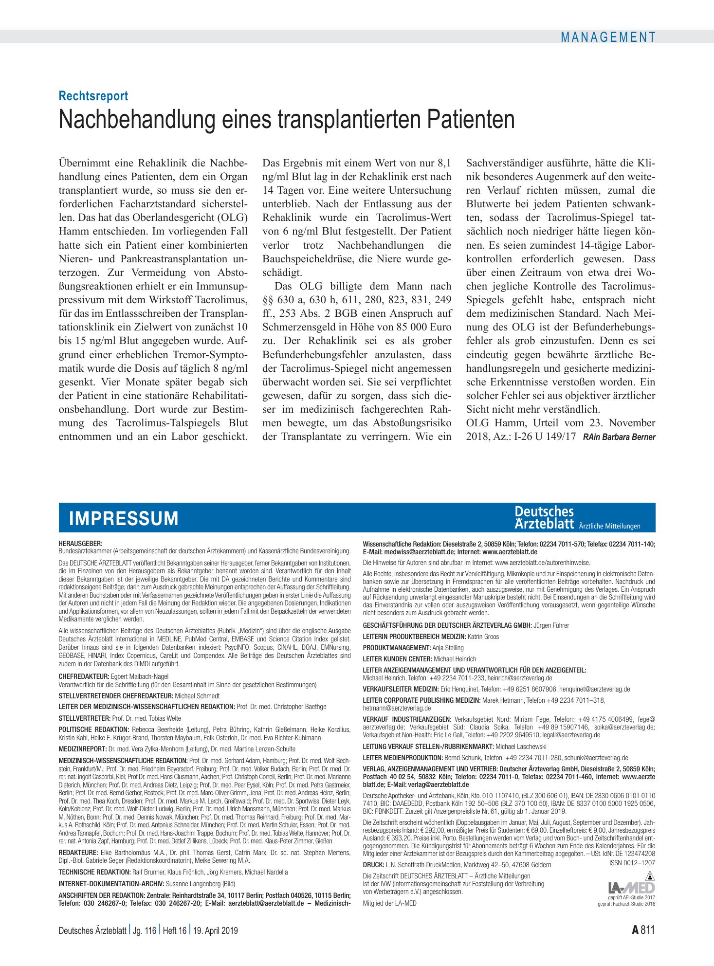 Vorschauseite 1: Rechtsreport: Nachbehandlung eines transplantierten Patienten – Deutsches Ärzteblatt