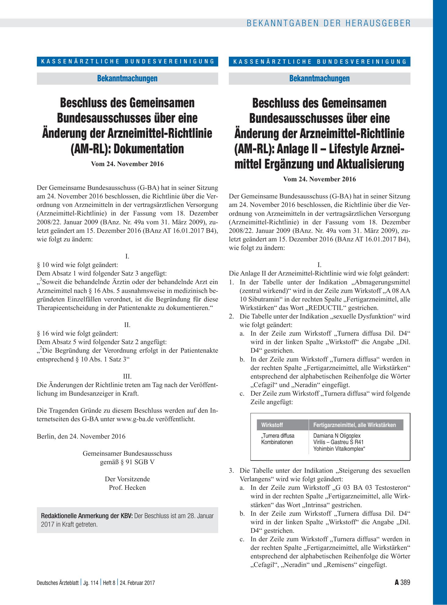 Vorschauseite 1: Beschluss des Gemeinsamen Bundesausschusses über eine Änderung der Arzneimittel-Richtlinie (AM-RL): Dokumentation – Deutsches Ärzteblatt