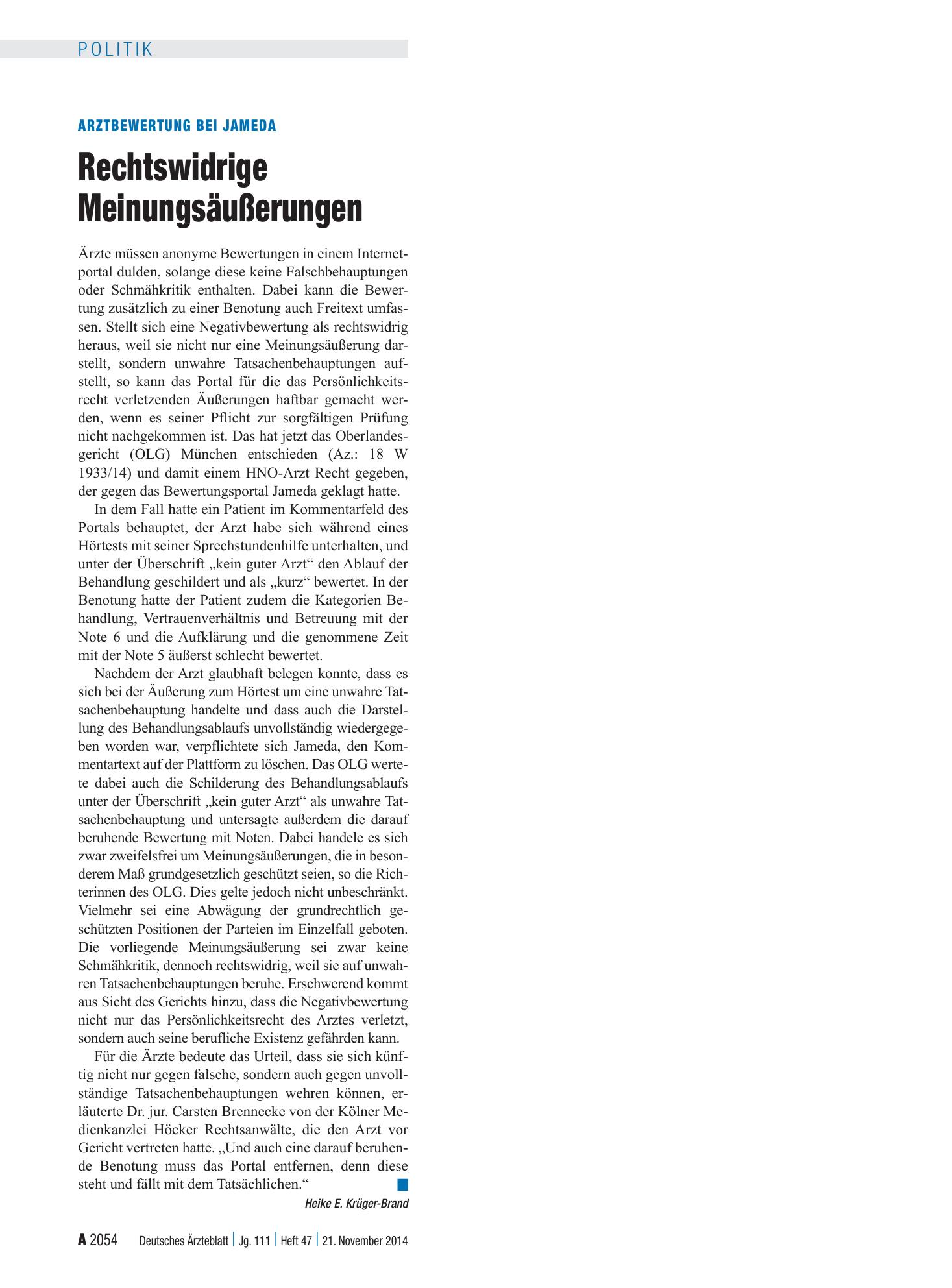 Vorschauseite 1: Arztbewertung bei Jameda: Rechtswidrige Meinungsäußerungen – Deutsches Ärzteblatt