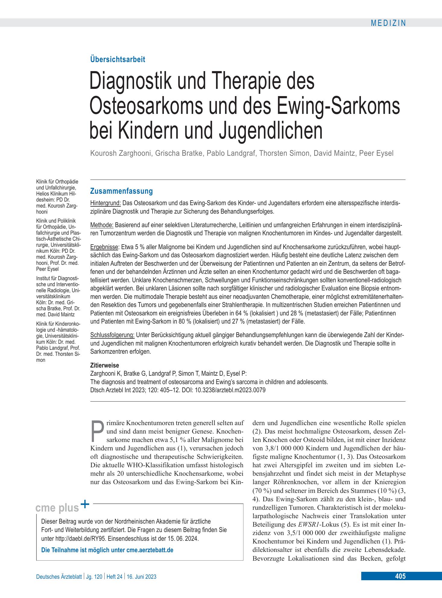 Vorschauseite 1: Diagnostik und Therapie des Osteosarkoms und des Ewing-Sarkoms bei Kindern und Jugendlichen – Deutsches Ärzteblatt