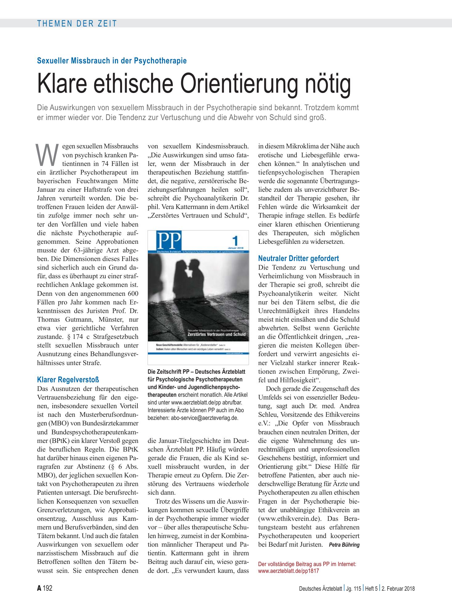 Vorschauseite 1: Sexueller Missbrauch in der Psychotherapie: Klare ethische Orientierung nötig – Deutsches Ärzteblatt