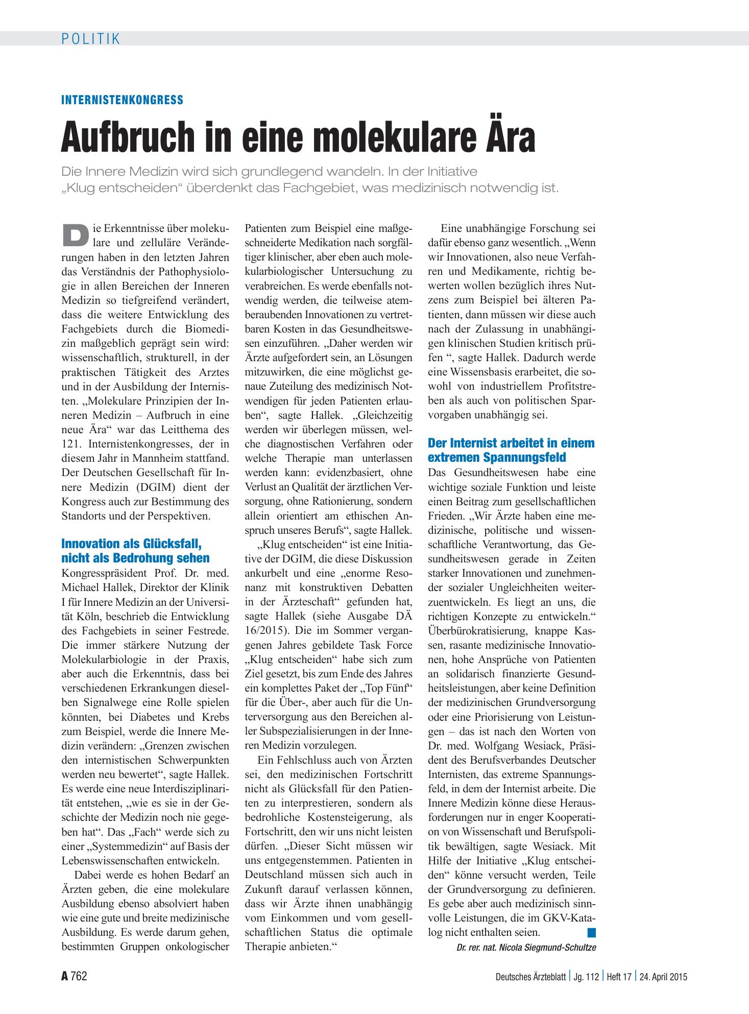 Vorschauseite 1: Internistenkongress: Aufbruch in eine molekulare Ära – Deutsches Ärzteblatt