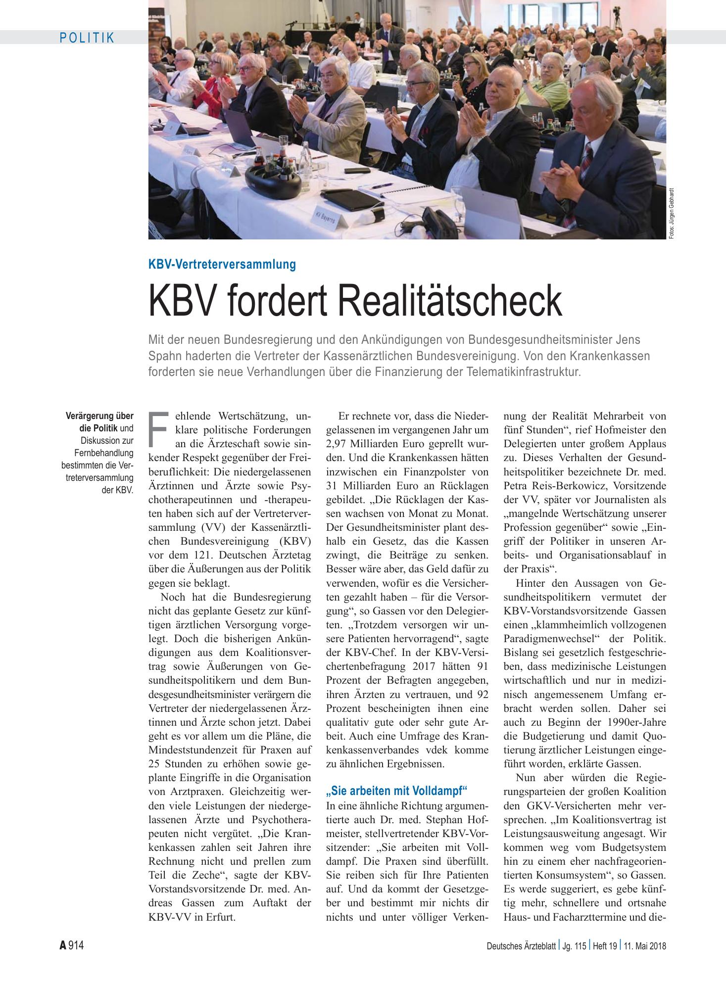 Vorschauseite 1: KBV-Vertreterversammlung: KBV fordert Realitätscheck – Deutsches Ärzteblatt