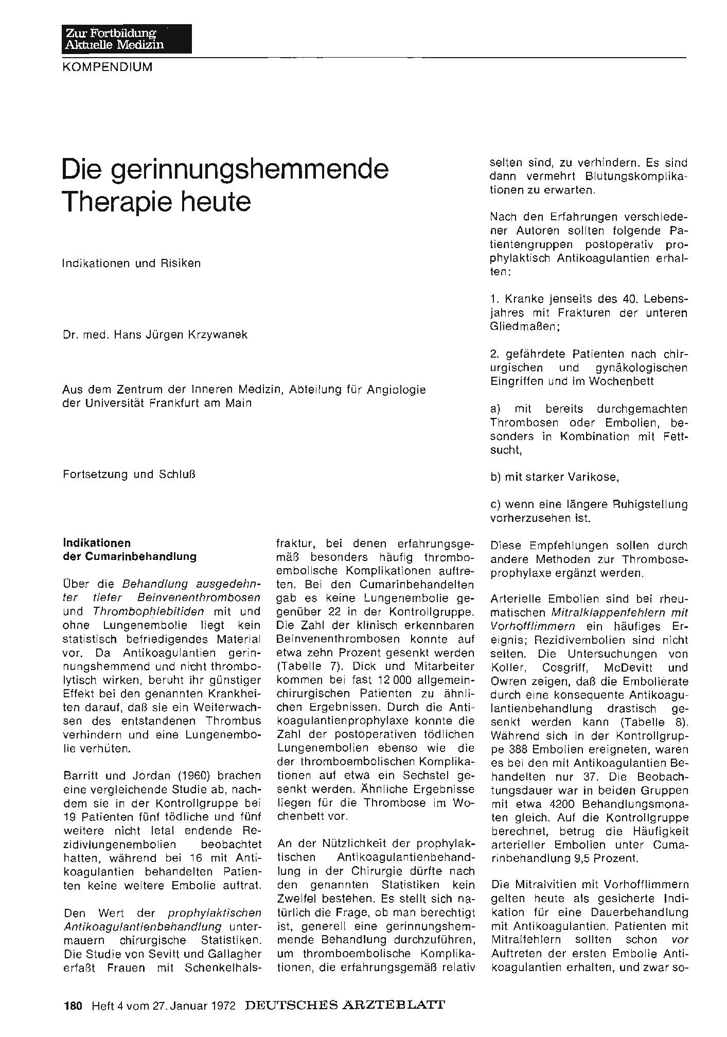 Vorschauseite 1: Die gerinnungshemmende Therapie heute: Indikationen und Risiken (Fortsetzung)