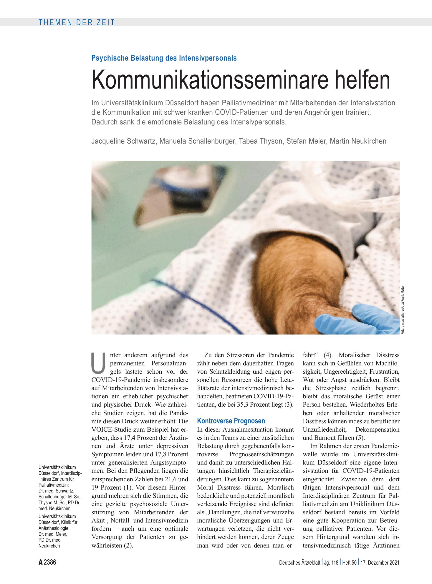 Vorschauseite 1: Psychische Belastung des Intensivpersonals: Kommunikationsseminare helfen – Deutsches Ärzteblatt