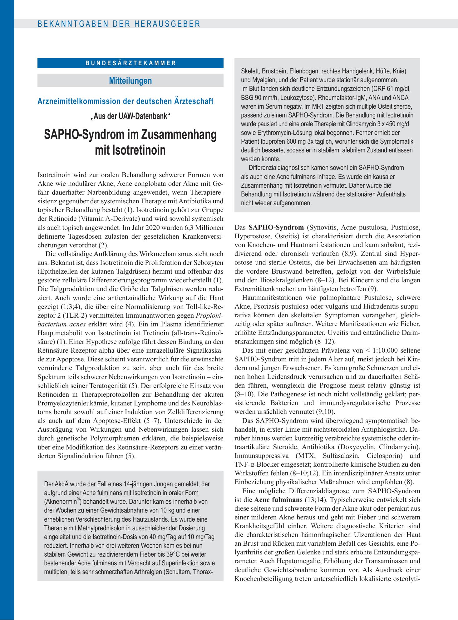 Vorschauseite 1: Arzneimittelkommission der deutschen Ärzteschaft: „Aus der UAW-Datenbank“: SAPHO-Syndrom im Zusammenhang mit Isotretinoin – Deutsches Ärzteblatt