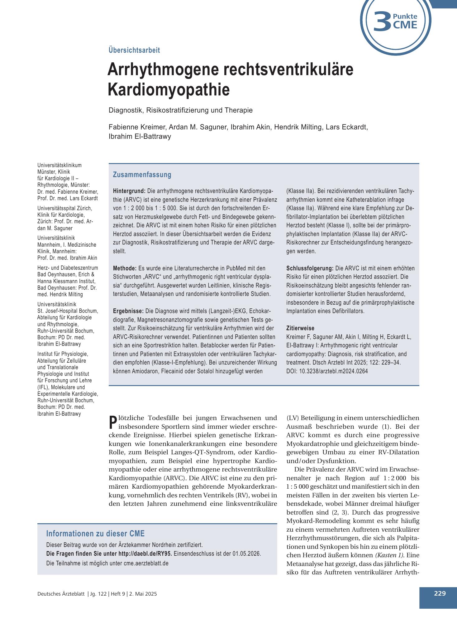 Vorschauseite 1: Arrhythmogene rechtsventrikuläre Kardiomyopathie – Deutsches Ärzteblatt