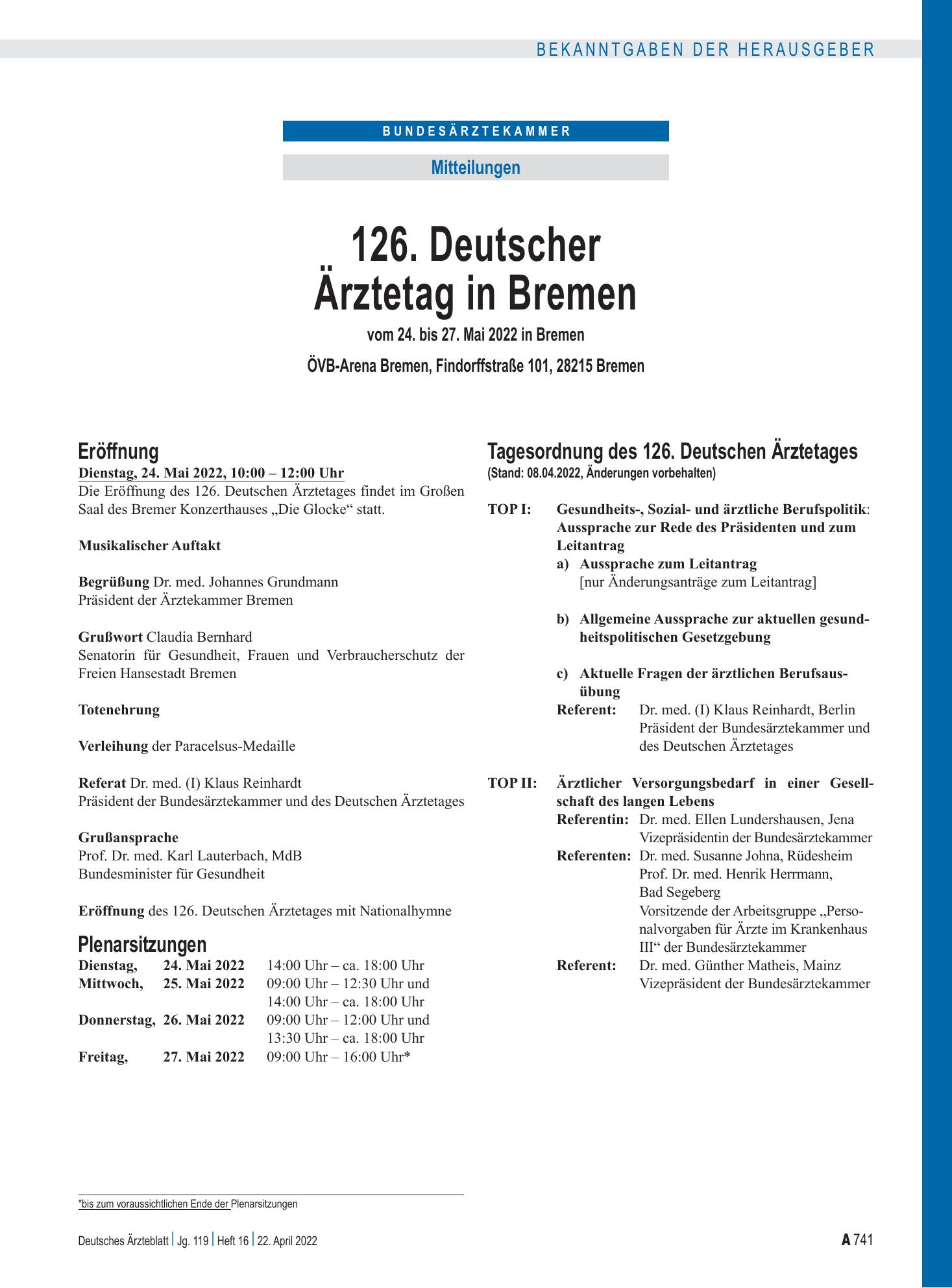 Vorschauseite 1: 126. Deutscher Ärztetag in Bremen vom 24. bis 27. Mai 2022 in Bremen ÖVB-Arena Bremen, Findorffstraße 101, 28215 Bremen – Deutsches Ärzteblatt