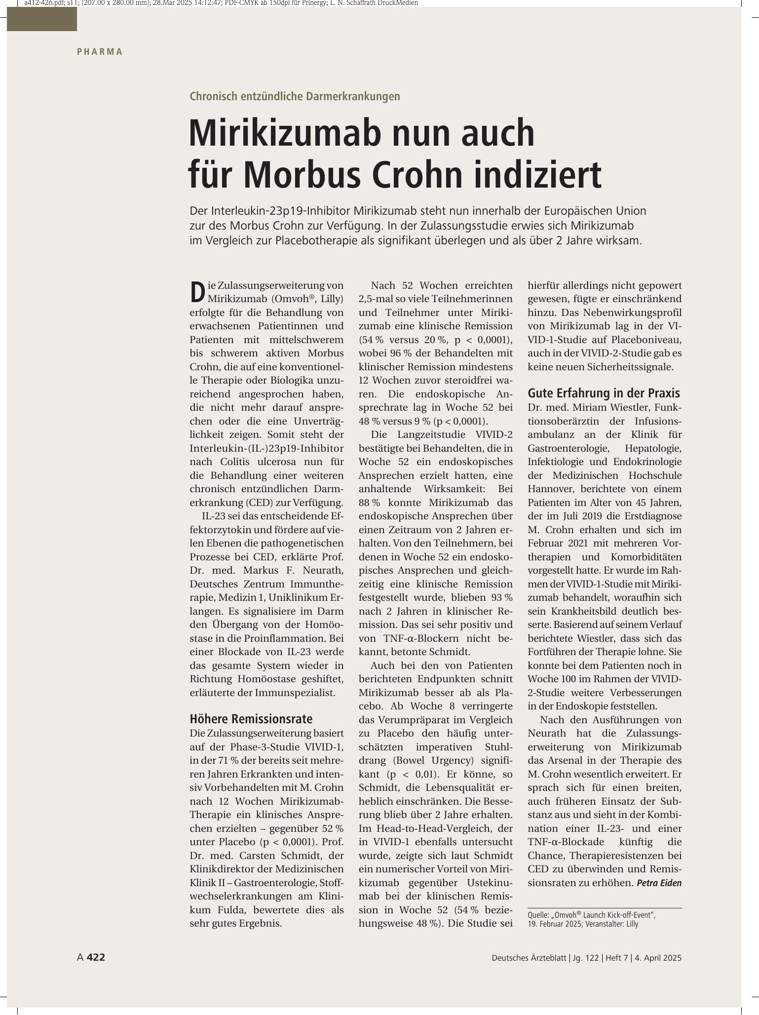Vorschauseite 1: Chronisch entzündliche Darmerkrankungen: Mirikizumab nun auch für Morbus Crohn indiziert – Deutsches Ärzteblatt