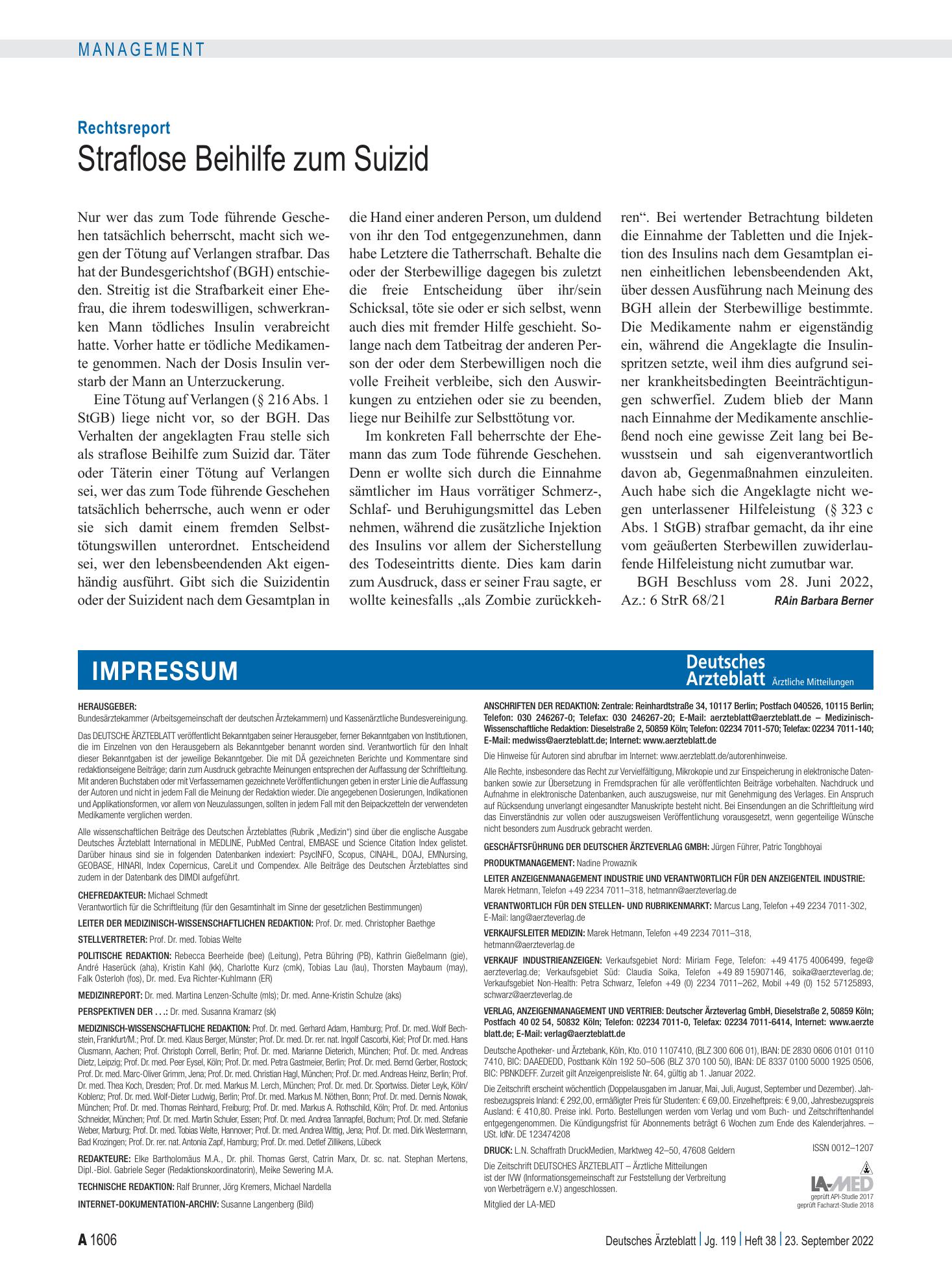 Vorschauseite 1: Rechtsreport: Straflose Beihilfe zum Suizid – Deutsches Ärzteblatt