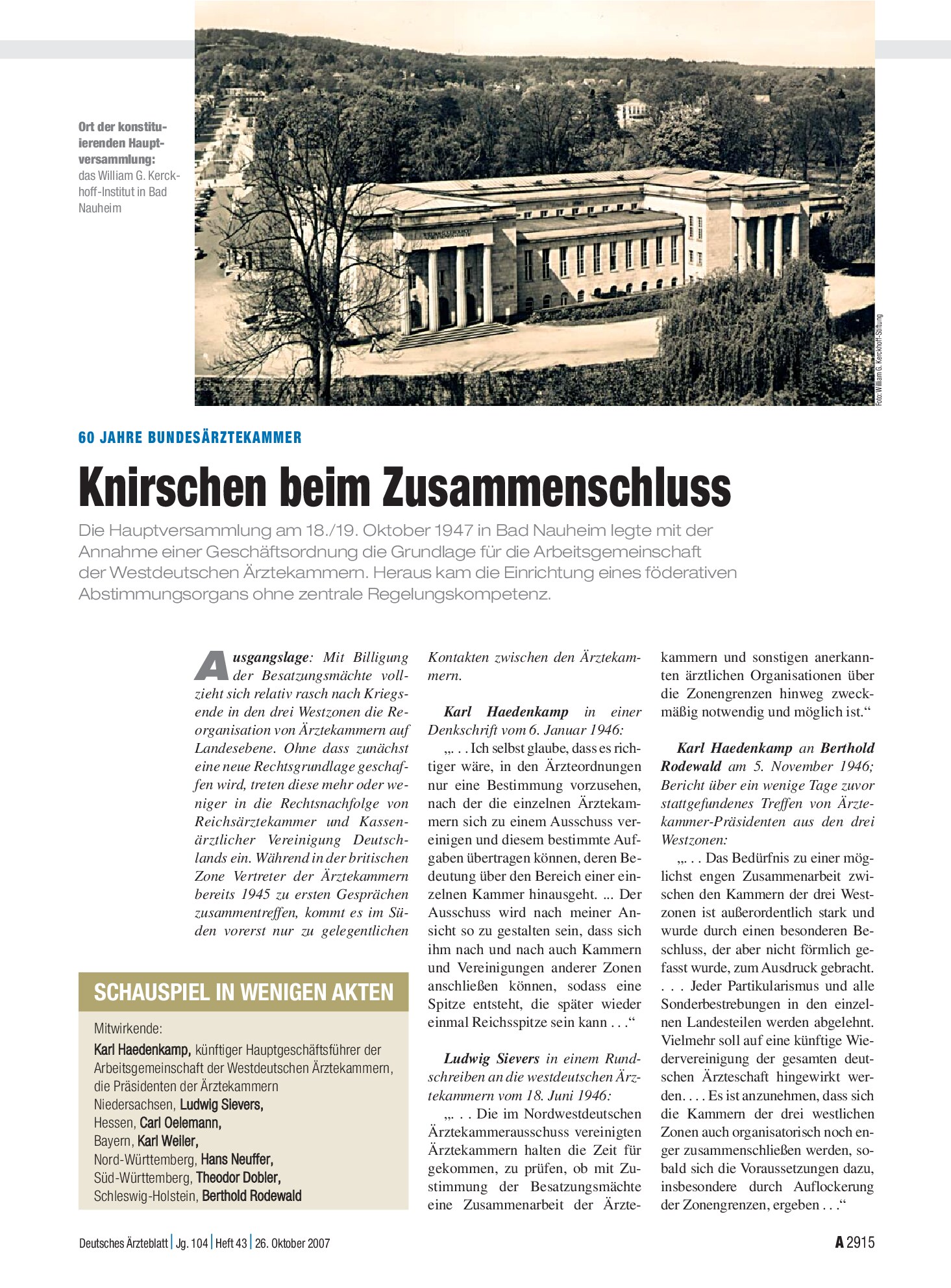 Vorschauseite 1: 60 Jahre Bundesärztekammer: Knirschen beim Zusammenschluss – Deutsches Ärzteblatt