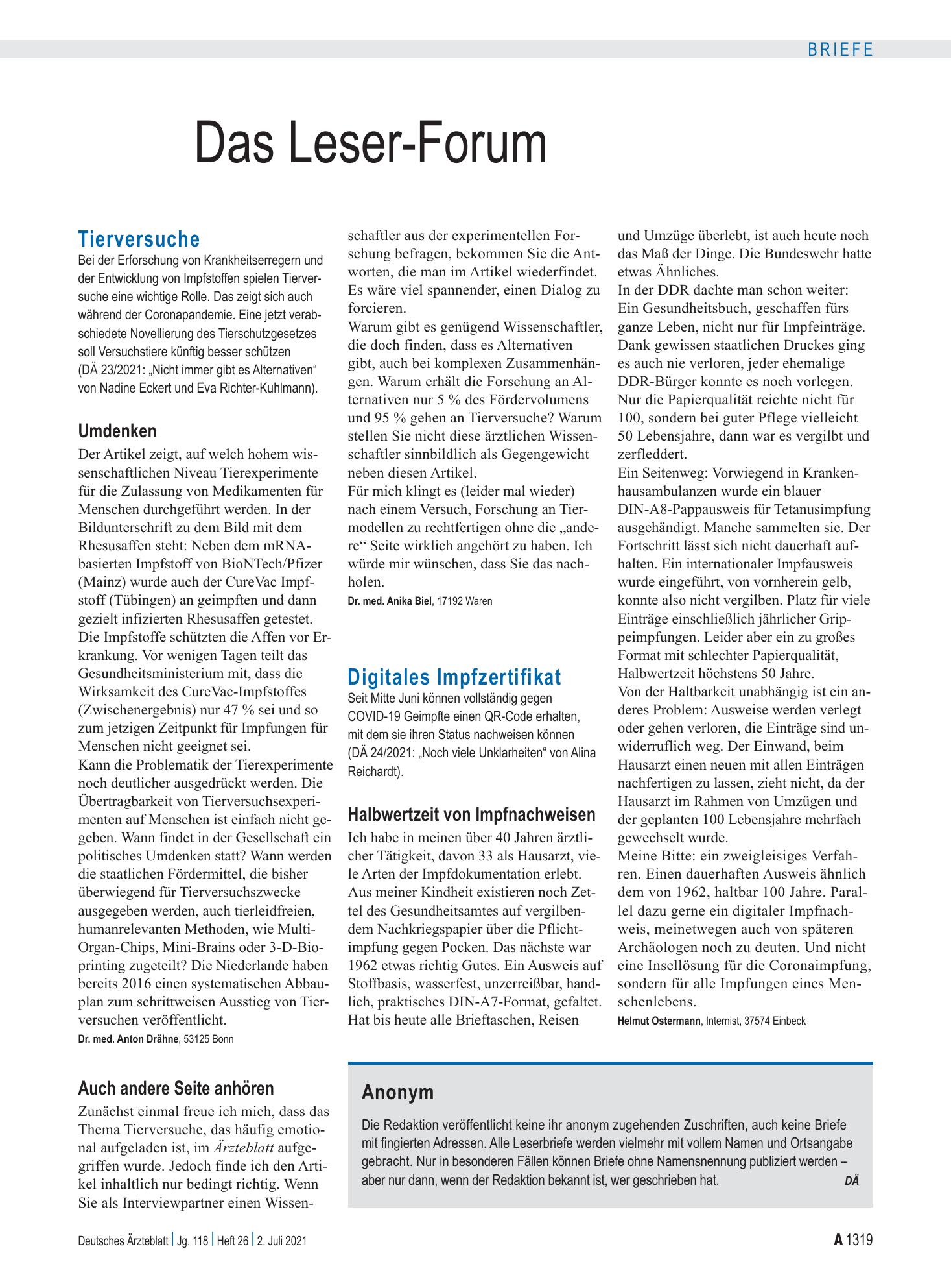 Vorschauseite 1: Anonym – Deutsches Ärzteblatt