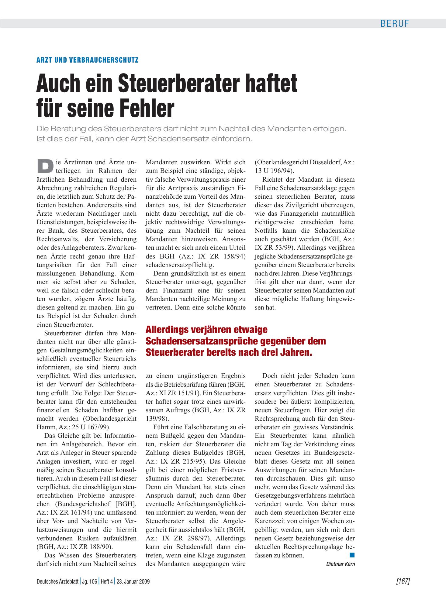 Vorschauseite 1: Arzt und Verbraucherschutz: Auch ein Steuerberater haftet für seine Fehler – Deutsches Ärzteblatt