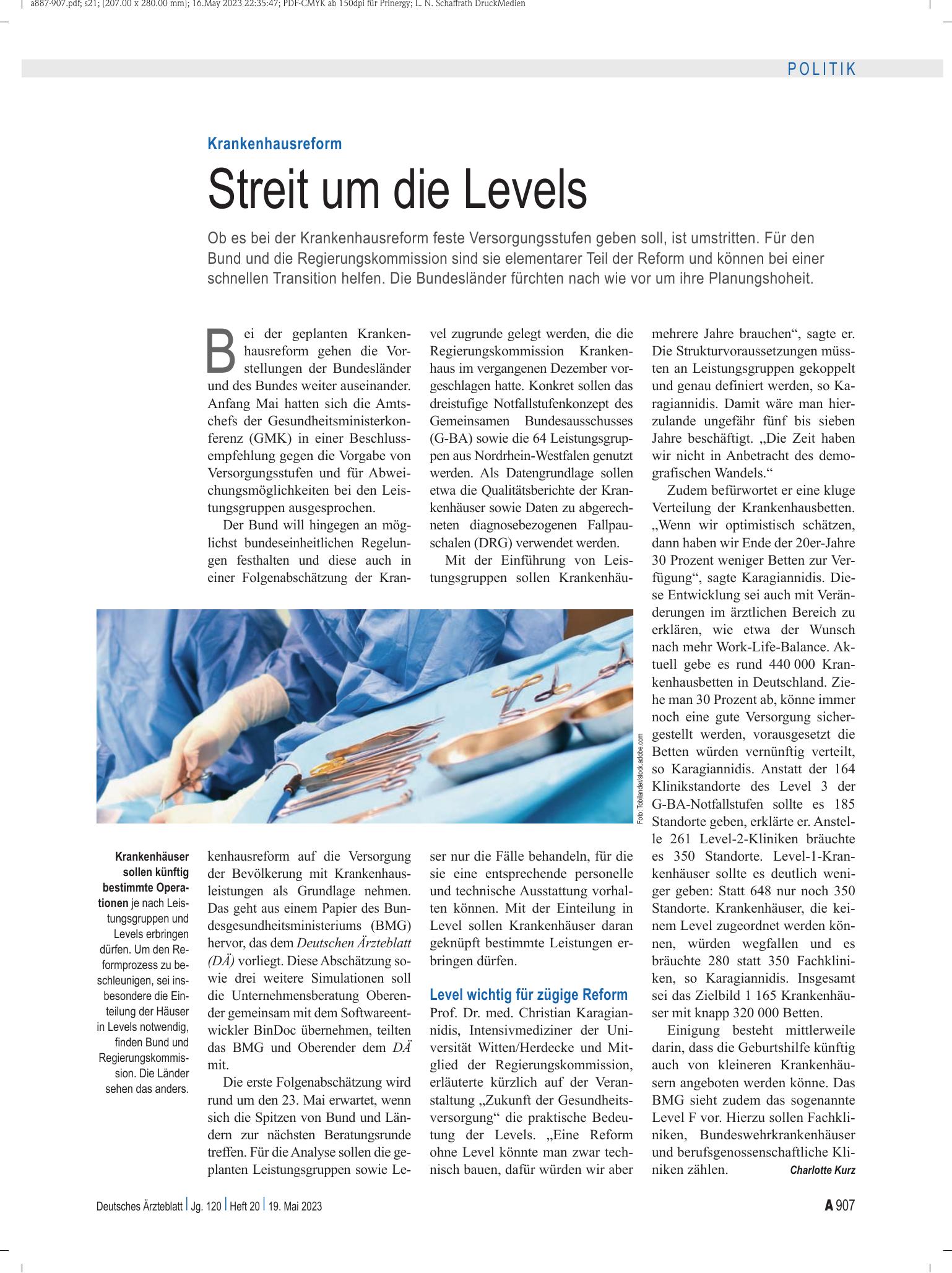 Vorschauseite 1: Krankenhausreform: Streit um die Levels – Deutsches Ärzteblatt