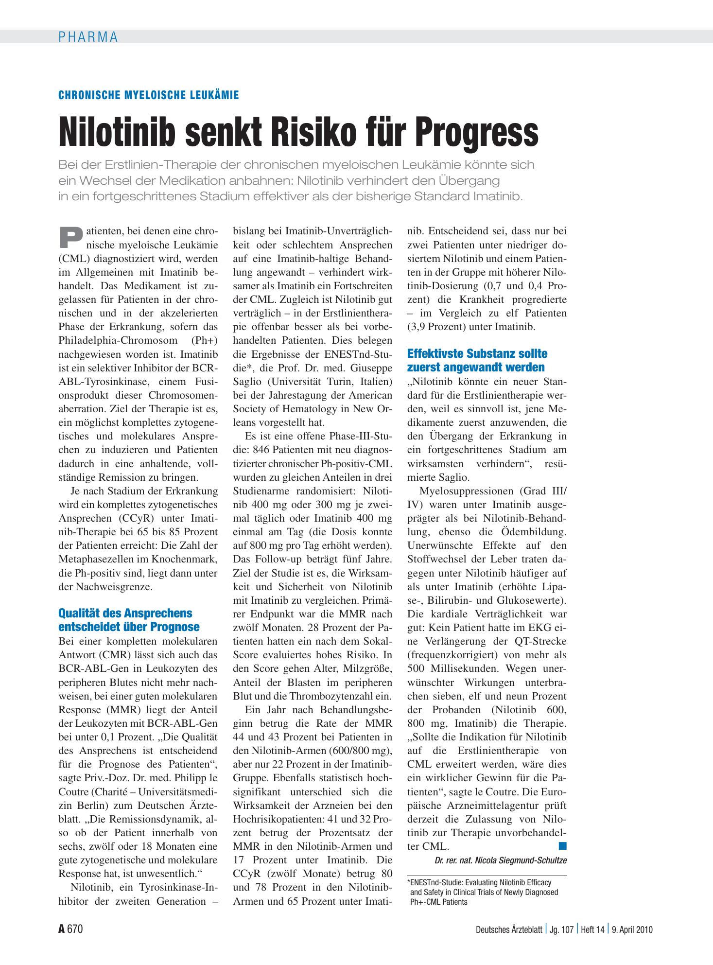 Vorschauseite 1: Chronische myeloische Leukämie: Nilotinib senkt Risiko für Progress – Deutsches Ärzteblatt