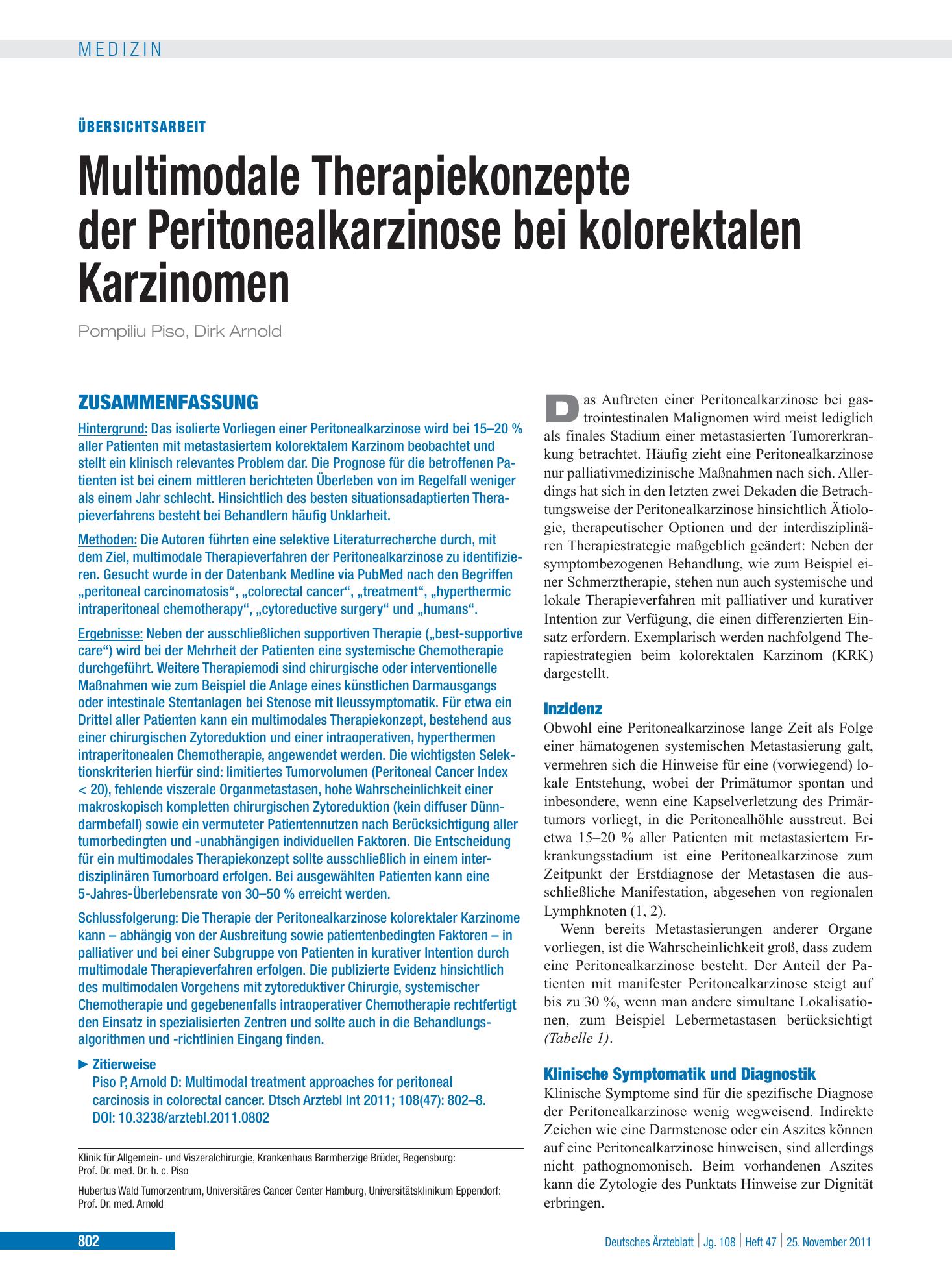 Vorschauseite 1: Multimodale Therapiekonzepte der Peritonealkarzinose bei kolorektalen Karzinomen – Deutsches Ärzteblatt