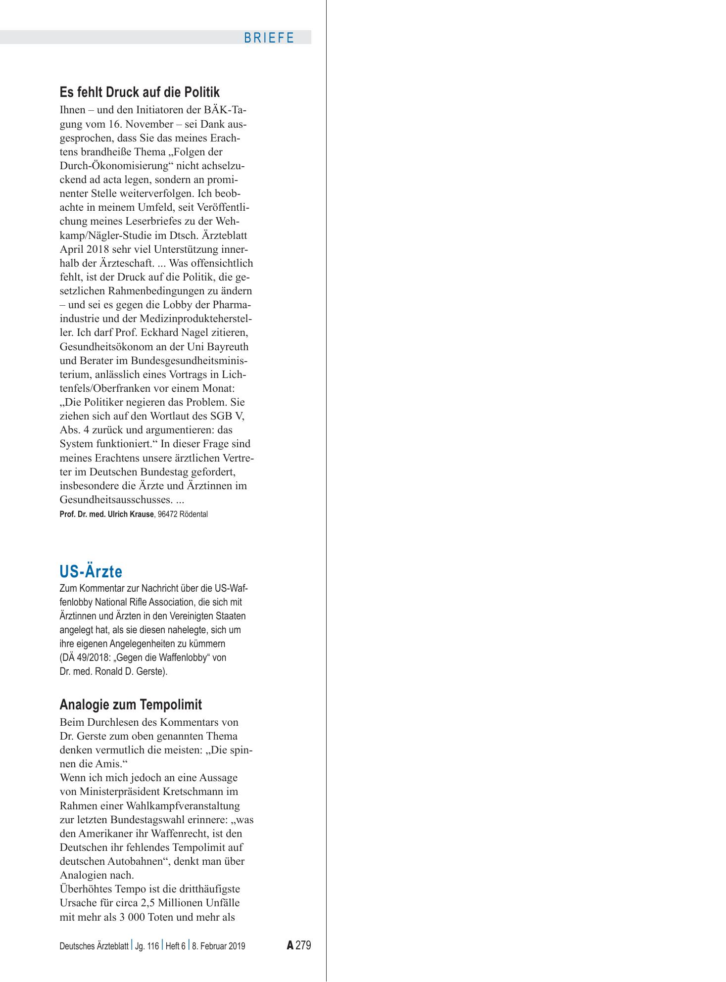 Vorschauseite 1: US-Ärzte: Analogie zum Tempolimit – Deutsches Ärzteblatt