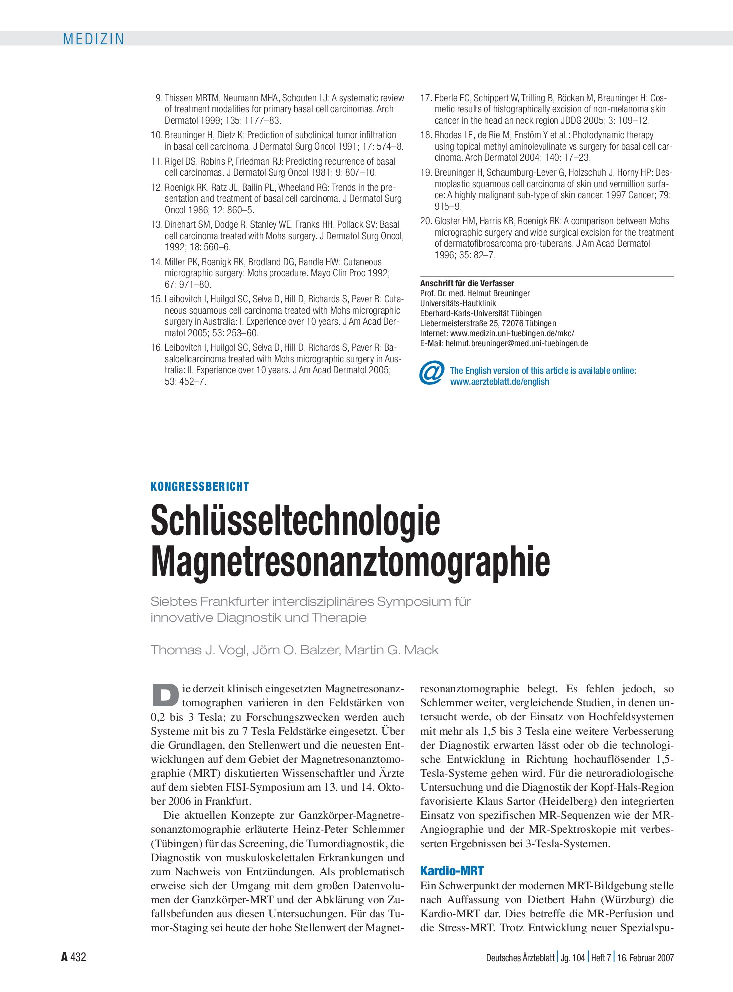 Vorschauseite 1: Schlüsseltechnologie Magnetresonanztomographie: Siebtes Frankfurter interdisziplinäres Symposium für innovative Diagnostik und Therapie – Deutsches Ärzteblatt