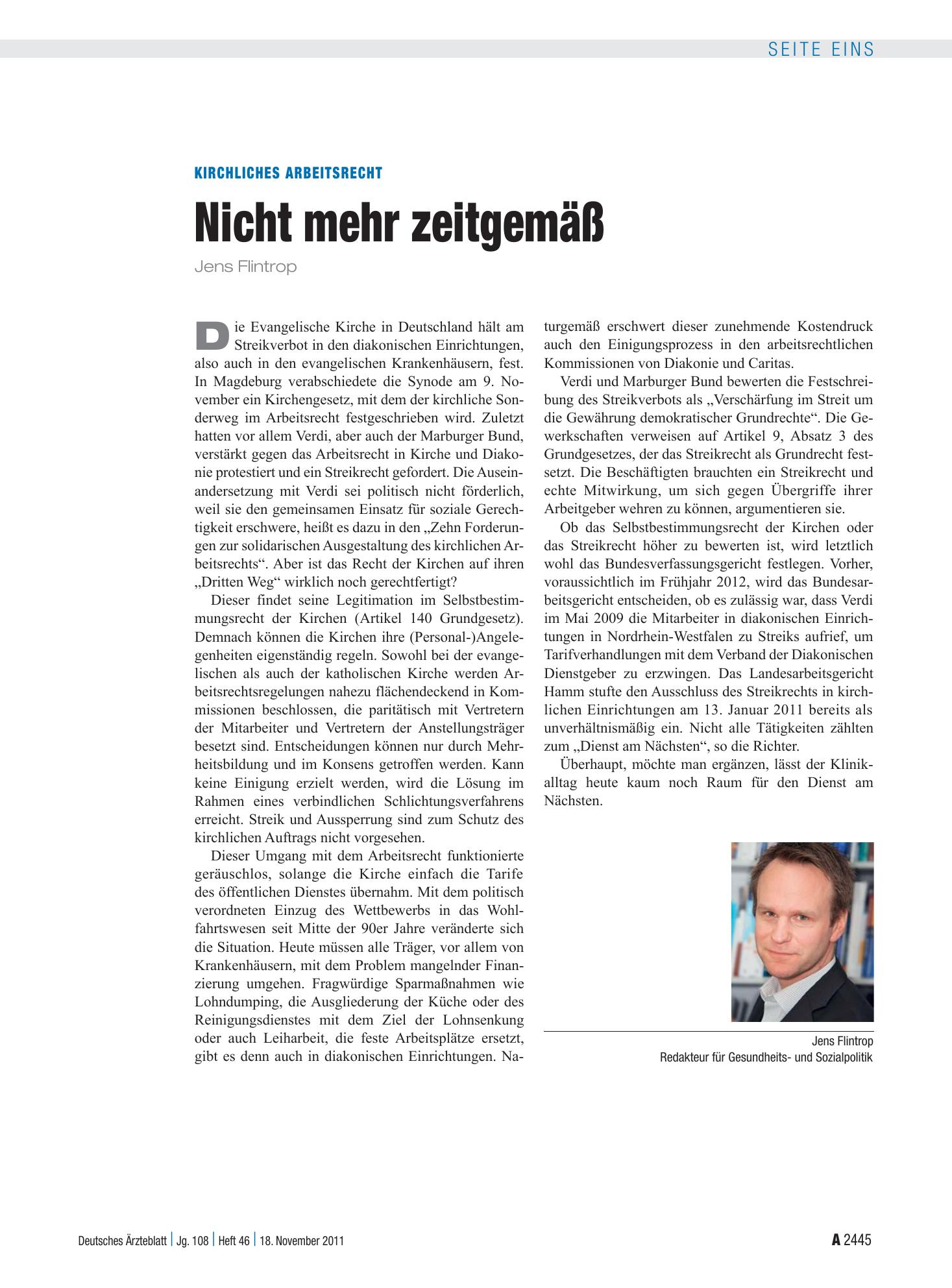 Vorschauseite 1: Kirchliches Arbeitsrecht: Nicht mehr zeitgemäß – Deutsches Ärzteblatt