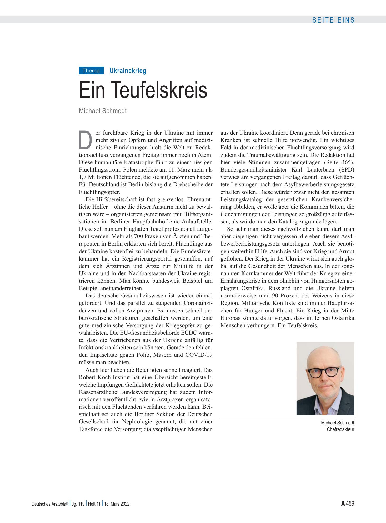 Vorschauseite 1: Ukrainekrieg: Ein Teufelskreis – Deutsches Ärzteblatt