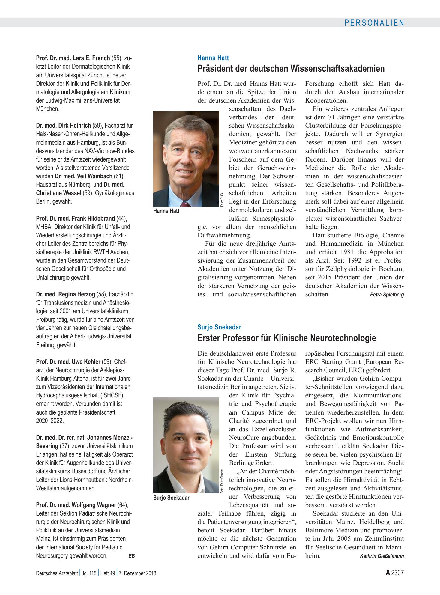 Vorschauseite 1: Hanns Hatt: Präsident der deutschen Wissenschaftsakademien – Deutsches Ärzteblatt