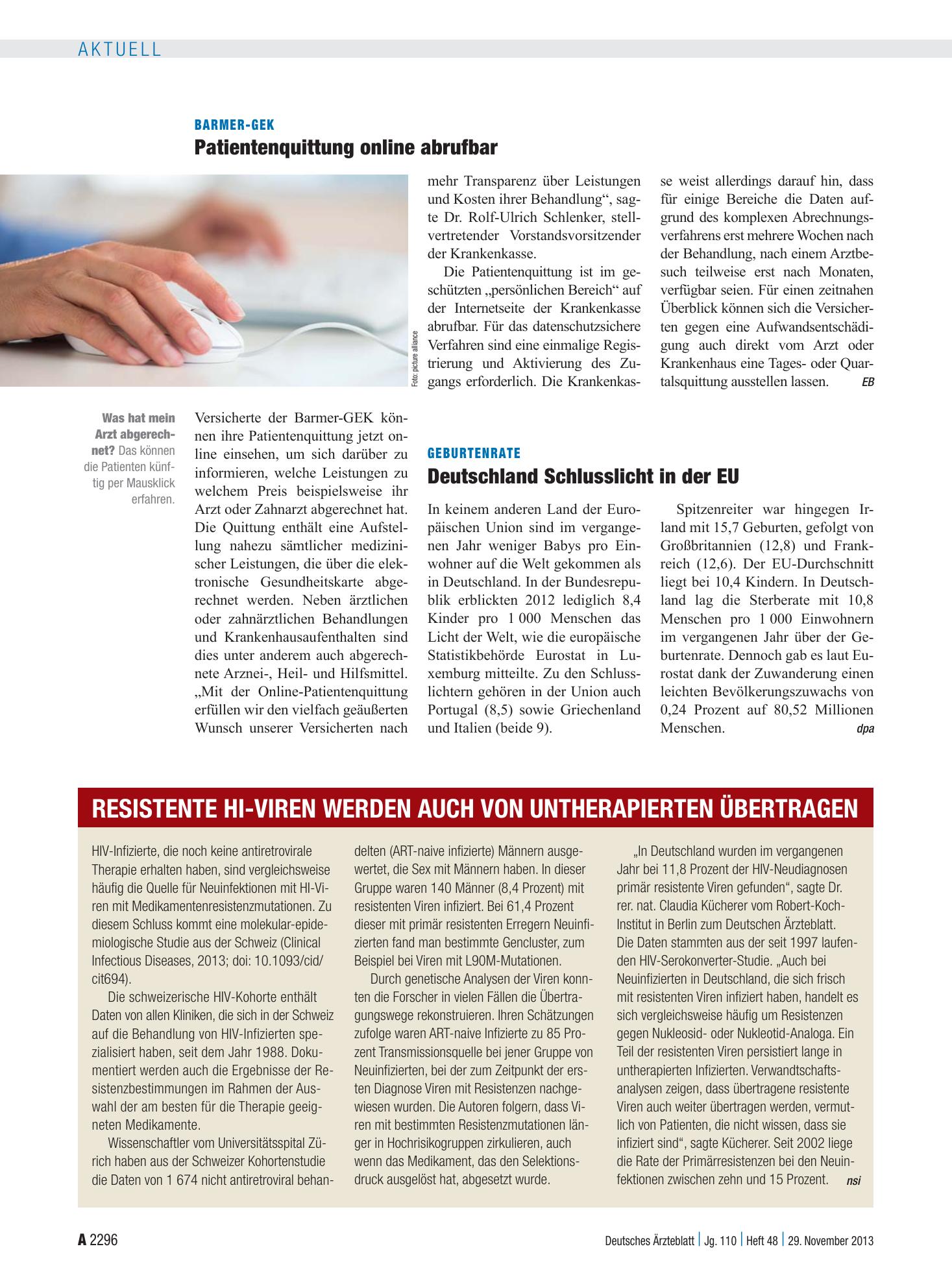 Vorschauseite 1: Resistente HI-Viren werden auch von untherapierten übertragen – Deutsches Ärzteblatt