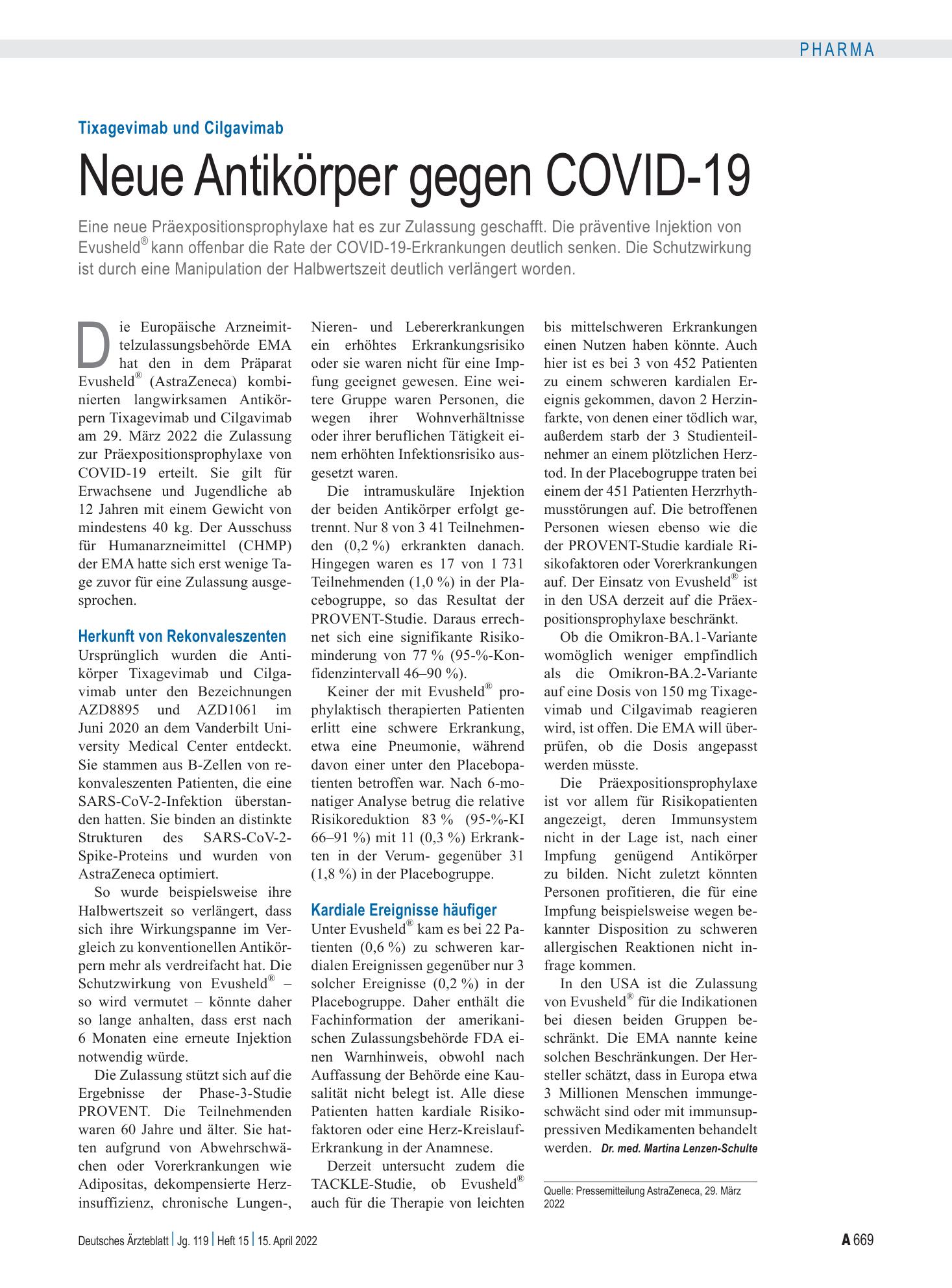 Vorschauseite 1: Tixagevimab und Cilgavimab: Neue Antikörper gegen COVID-19 – Deutsches Ärzteblatt