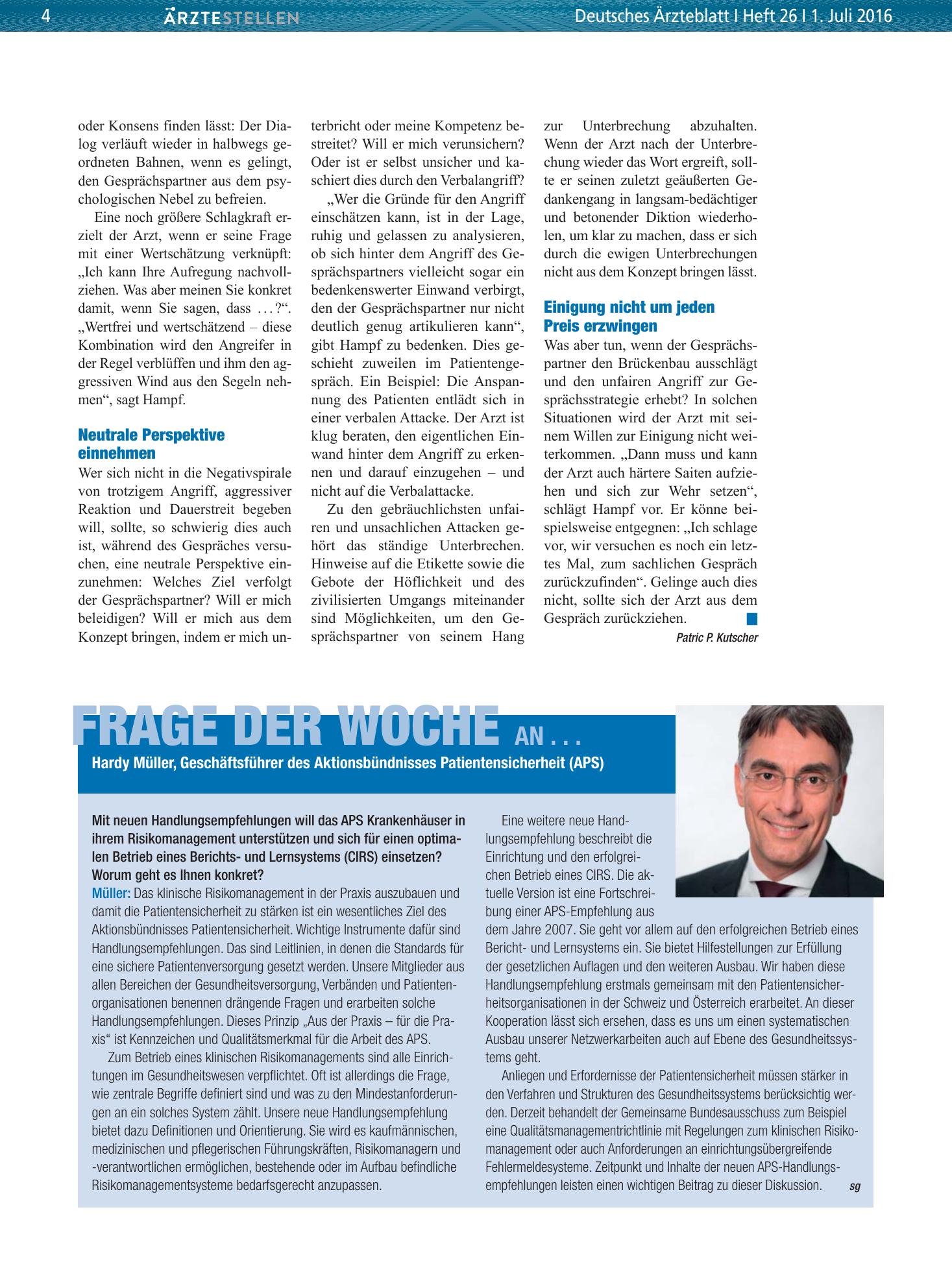Vorschauseite 1: Frage der Woche an . . . Hardy Müller, Geschäftsführer des Aktionsbündnisses Patientensicherheit (APS) – Deutsches Ärzteblatt