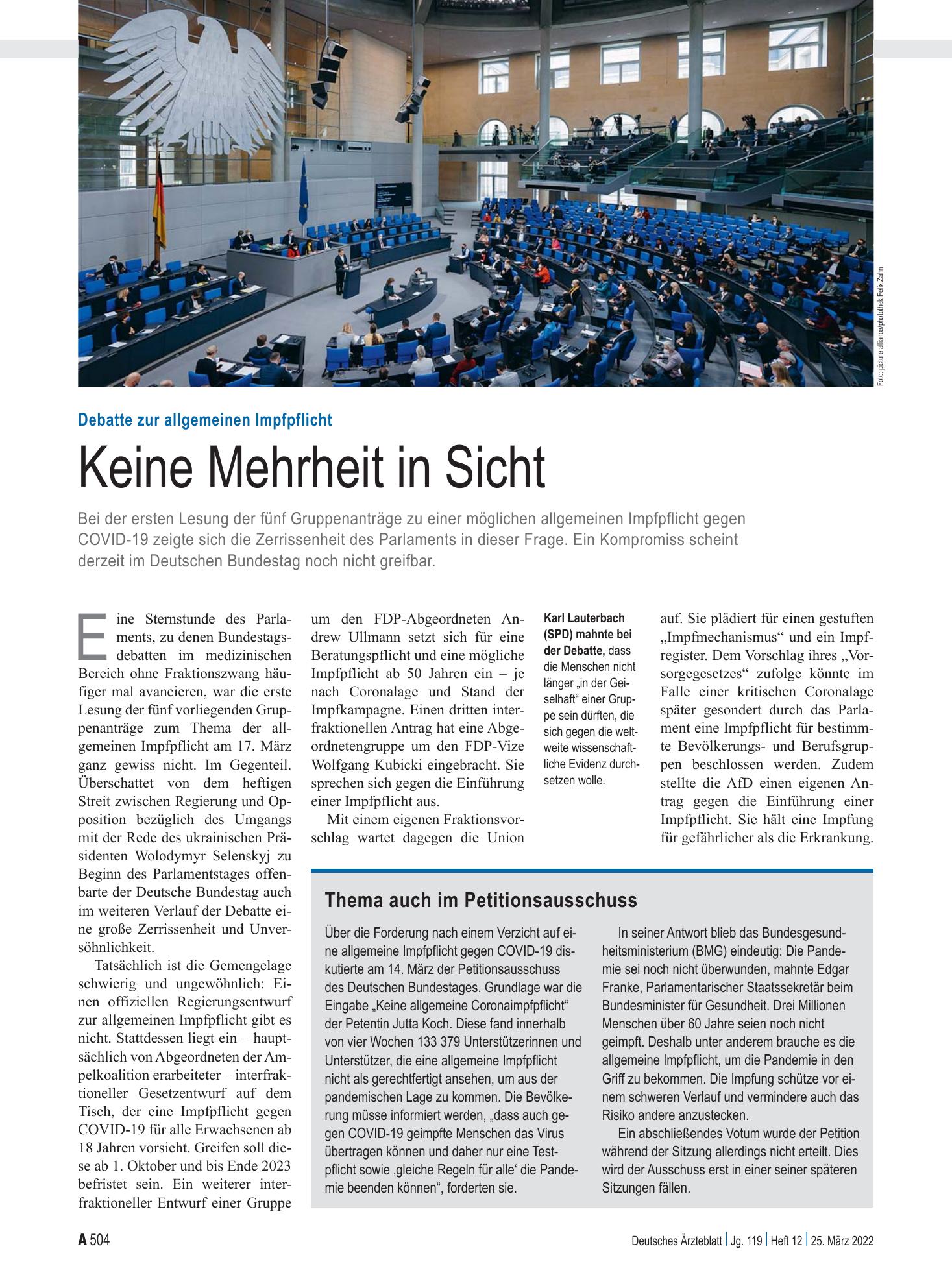 Vorschauseite 1: Debatte zur allgemeinen Impfpflicht: Keine Mehrheit in Sicht – Deutsches Ärzteblatt