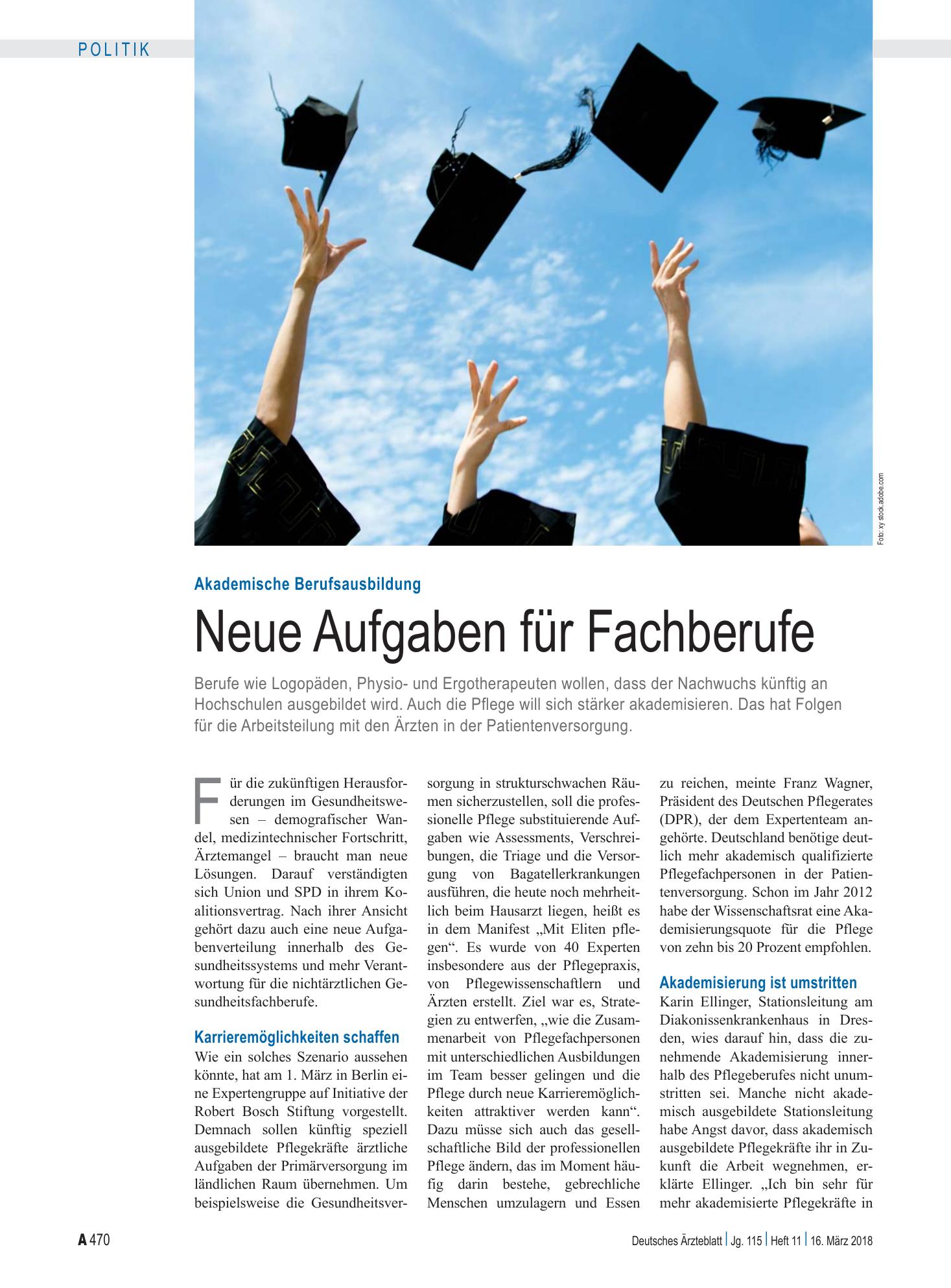Vorschauseite 1: Akademische Berufsausbildung: Neue Aufgaben für Fachberufe – Deutsches Ärzteblatt